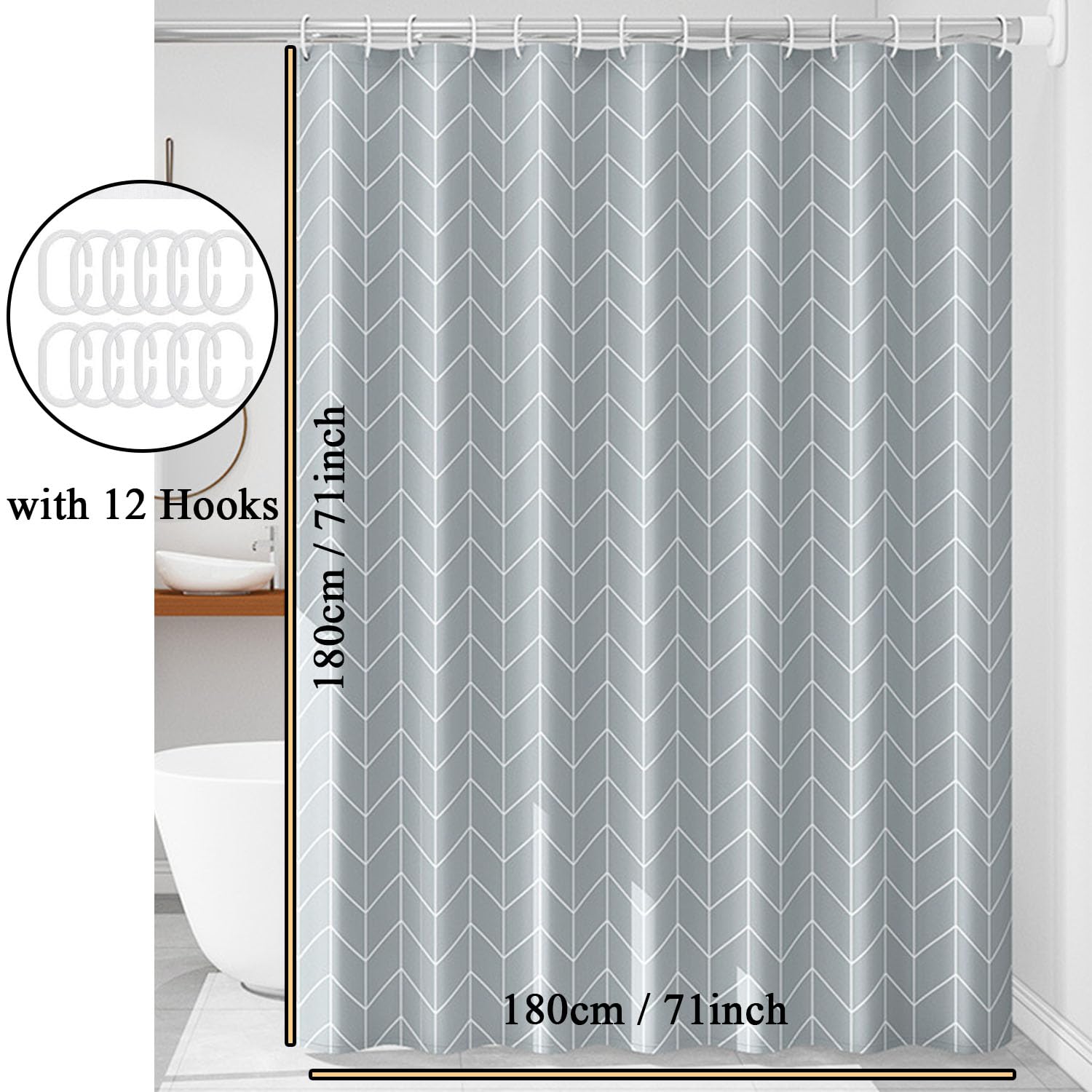 hzkais Grey Shower Curtain, Mould Proof and Mildew Resistant Washable Bathroom Curtains - Image 2