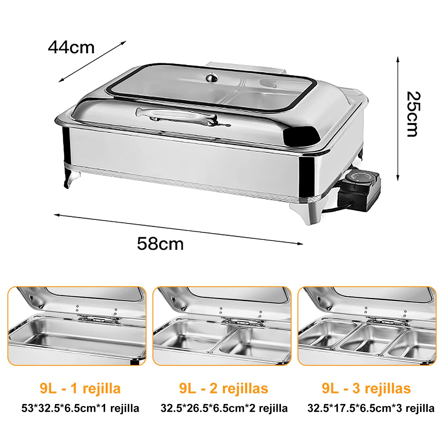 9L Chafing Dish Electrico de Acero Inoxidable, Calentador de Comida Comercial Temperatura Ajustable para Buffet, Calentador de Buffet con con Tapa Visible (1/3 Pan)