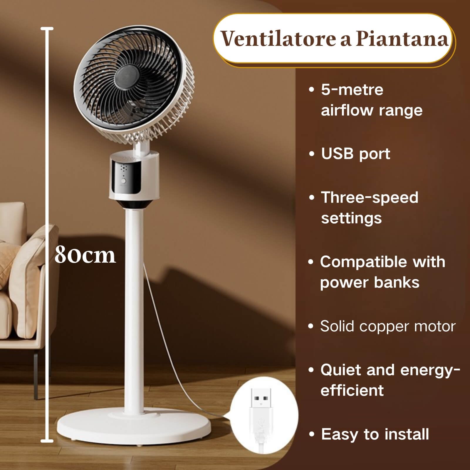 Ventilatore a Piantana, Ventilatore Silenzioso per Camera da Letto, Ventilatore a Piantana Oscillante, 3 Velocità, Oscillante, Risparmio Energetico, per Camera da Letto, Soggiorno, Ufficio