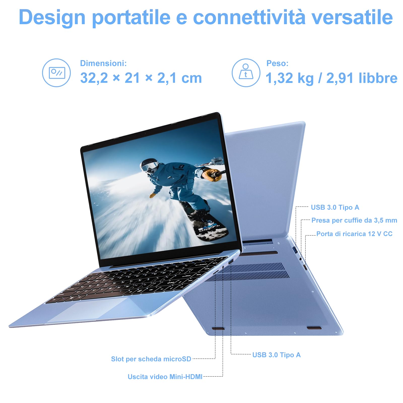 bvate PC Portatile 14 Pollici Notebook Win 11 Computer 256GB 1080P 2.4G+5G Supporta La Scheda SSD La Scheda TF Estesa, Wireless Bluetooth Mouse Wifi, Italiana Tastiera -Blu