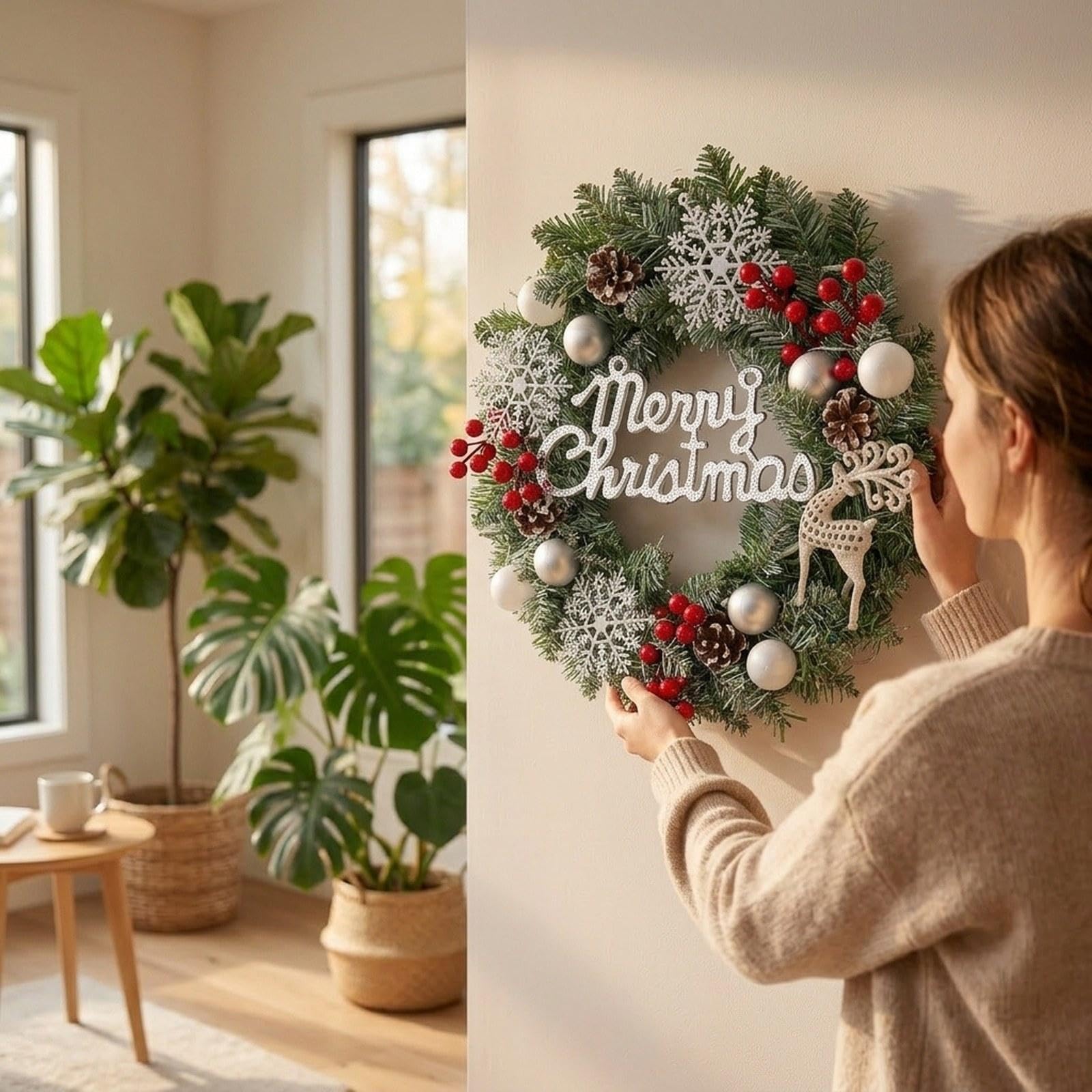Corona Navideña Decorativa para Puerta, Guirnalda Rústica Artificial para Colgar en La Pared, Guirnalda Navideña para