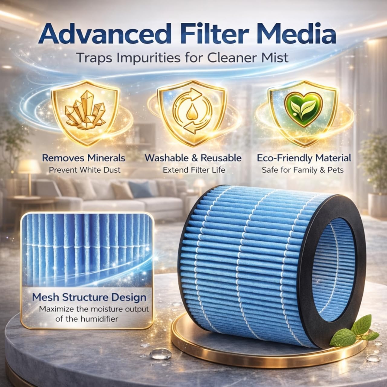 Nispira 3-packs PEHUMEVA Eva Replacement Filter for Pure Enrichment MistAire Eva 4-Speed Humidifier, Washable & Reusable, Reduces Mineral Build-Up