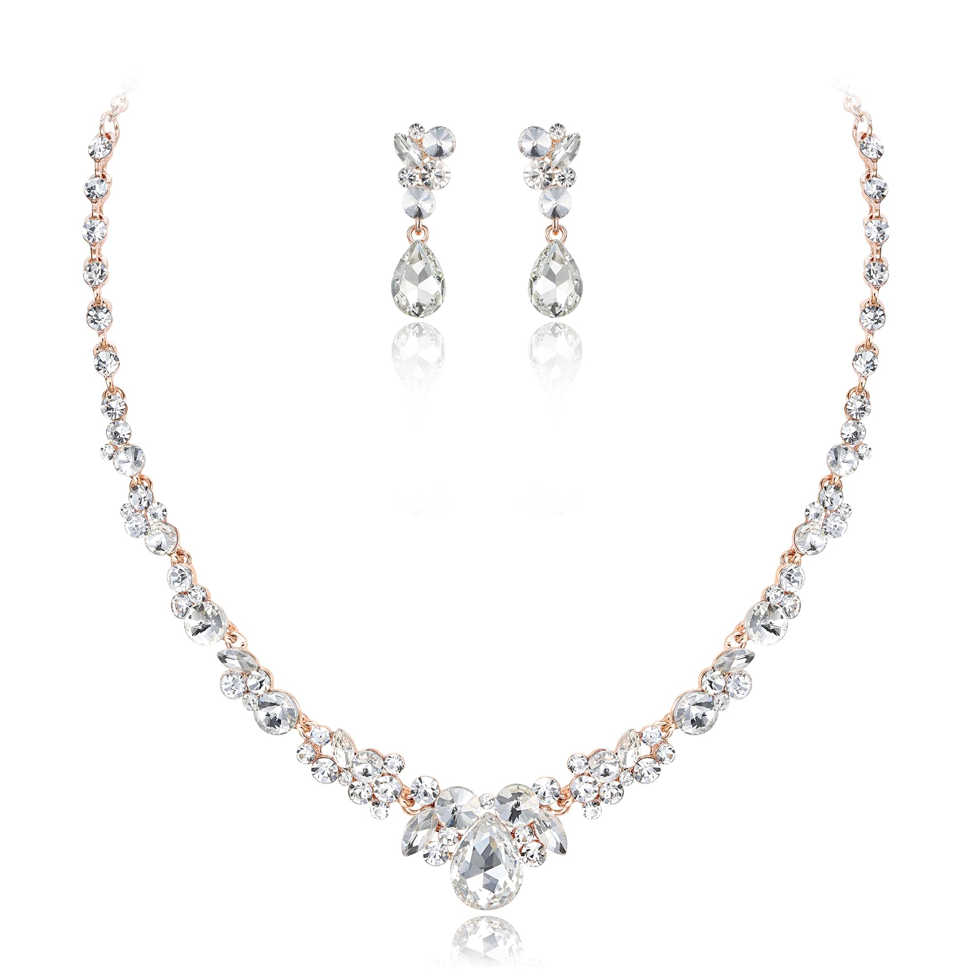 Rhinestone Crystal Elegant Bridal Floral Teardrop Necklace Earrings Set