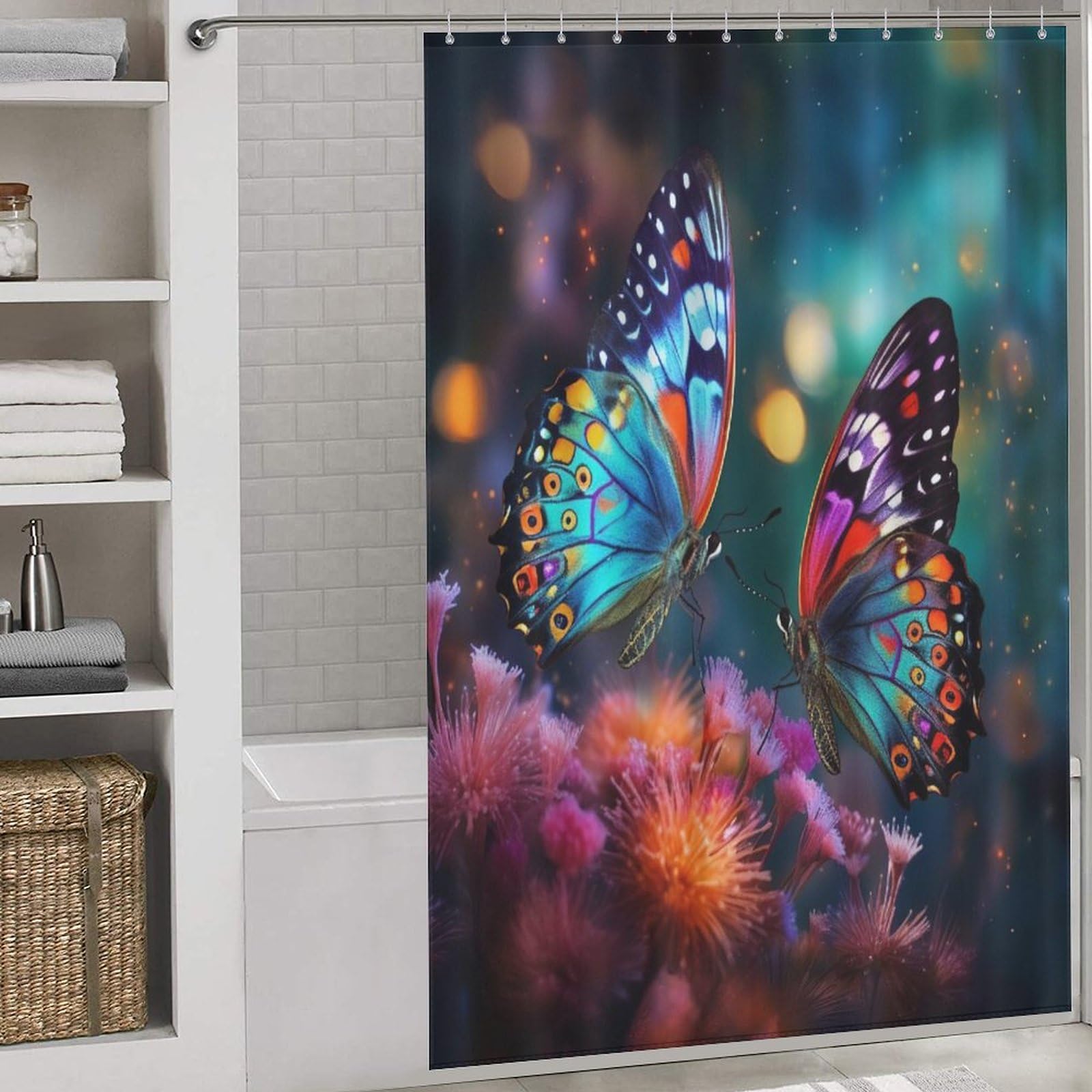 Rideau de douche lavable en machine et imperméable motif papillon en polyester