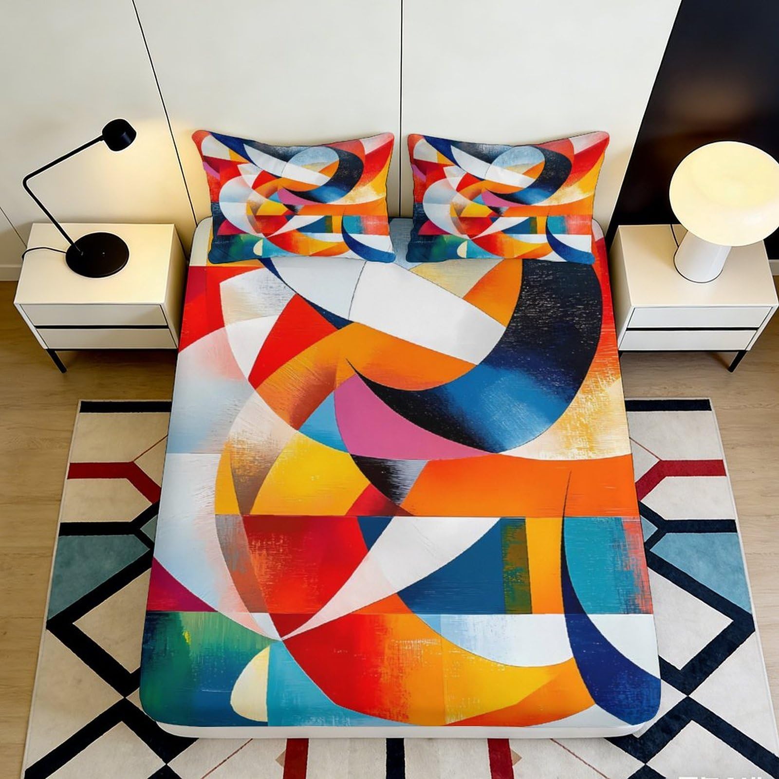 3D Printed Abstract Geometric Fitted Sheet Microfiber Colourful Art Bed Cover for Bedroom Guest Room Mattress Protection 200x200x25cm