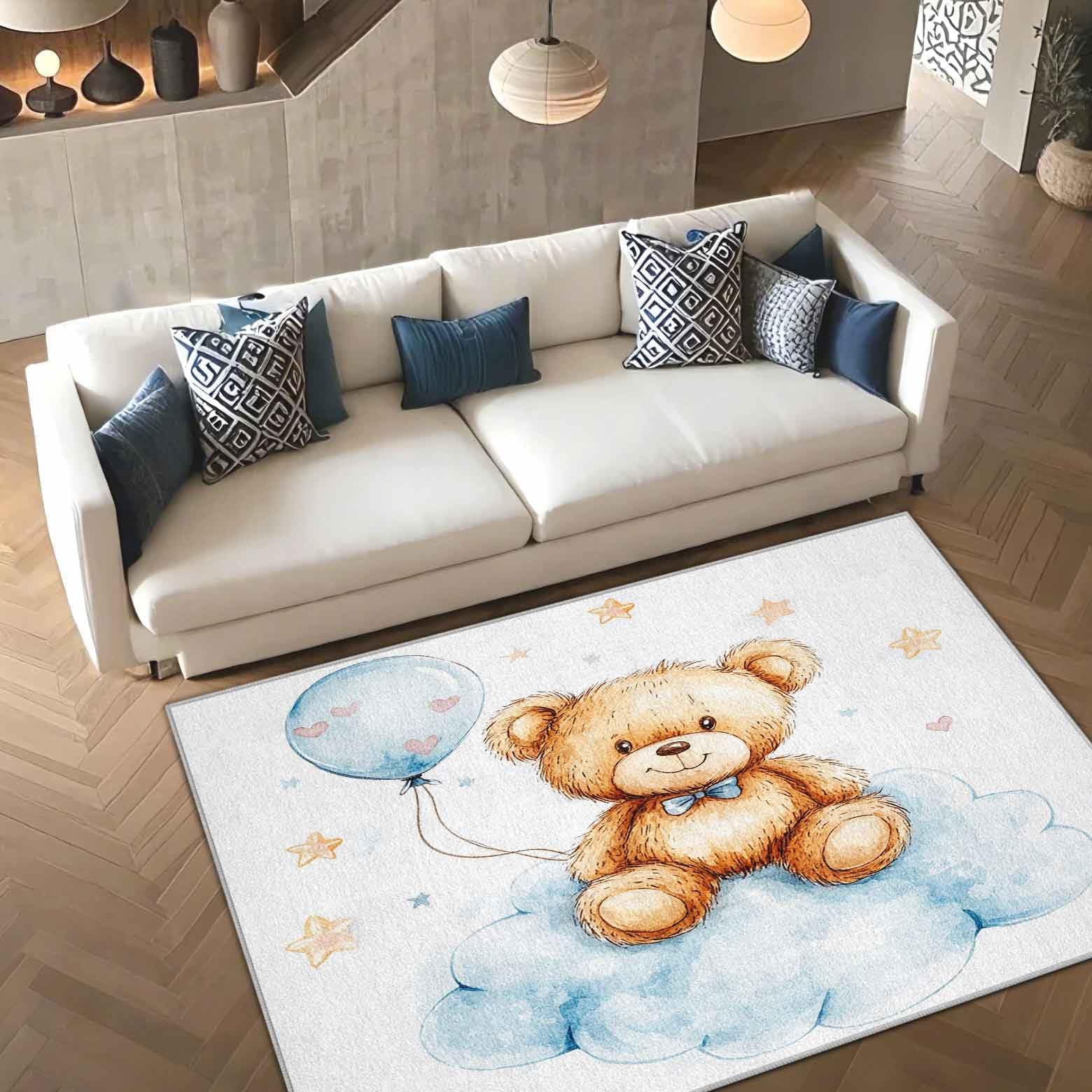 Niedlicher Teddybär-Kinderteppich (70 x 180 cm) mit Sternen- und Wolkenmotiv, waschbar rutschfest Teppich, ideal zum Krabbeln und für Jungen- und Mädchenzimmer.