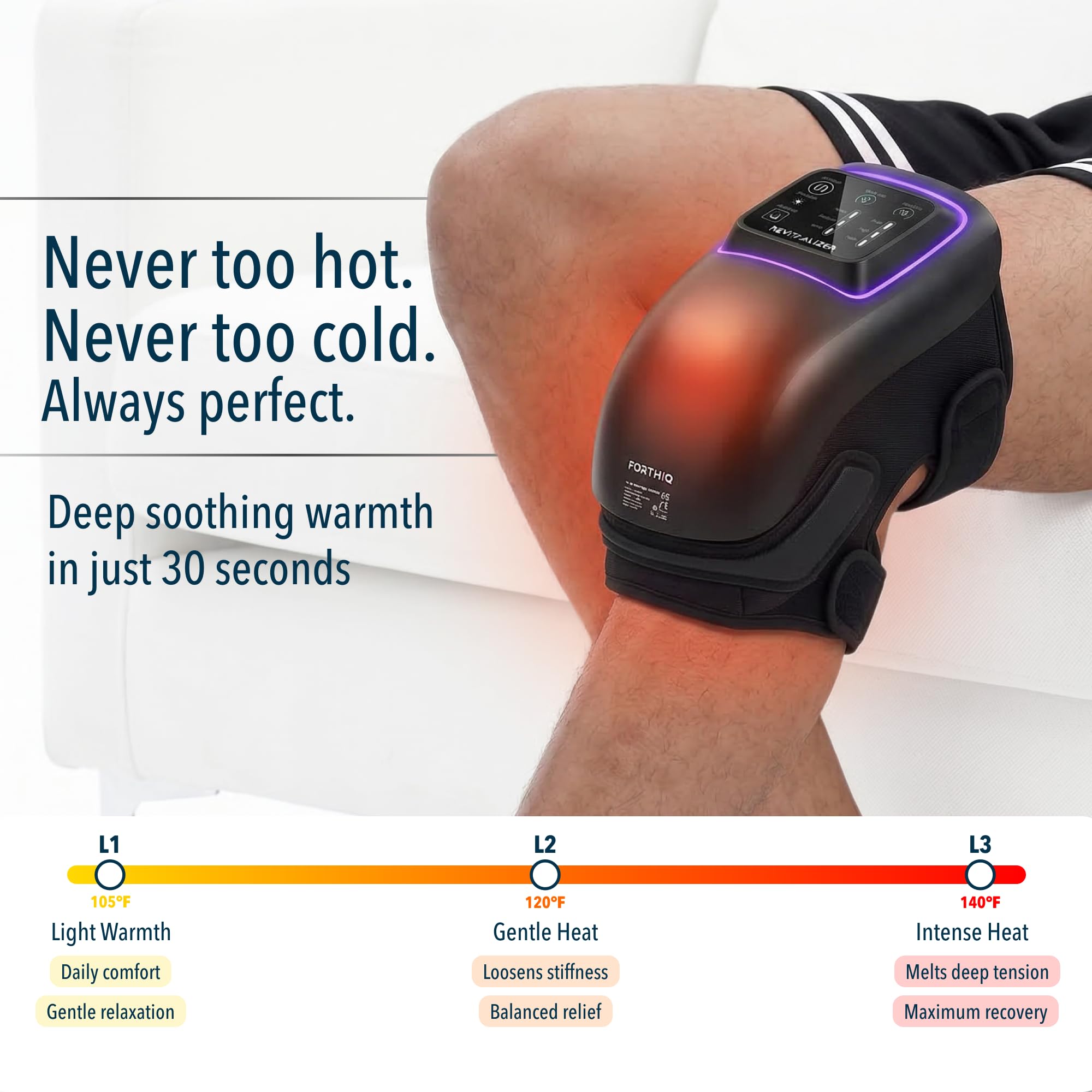 FORTHiQ Kniemassagegerät Pro+ mit Wärme, Rotlicht und Vibration, 6-in-1, Dual-Wellenlänge - Kabellos, tragbar, verstellbare Riemen, einfach zu bedienen, speichert Ihre Einstellungen, 1 Paar
