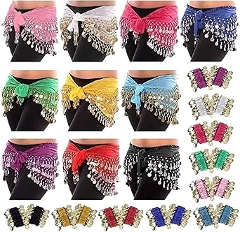 10 PCS Belly Dance Skirt and 20 PCS Belly Dance Wrist Ankle Bracelets Multicolor