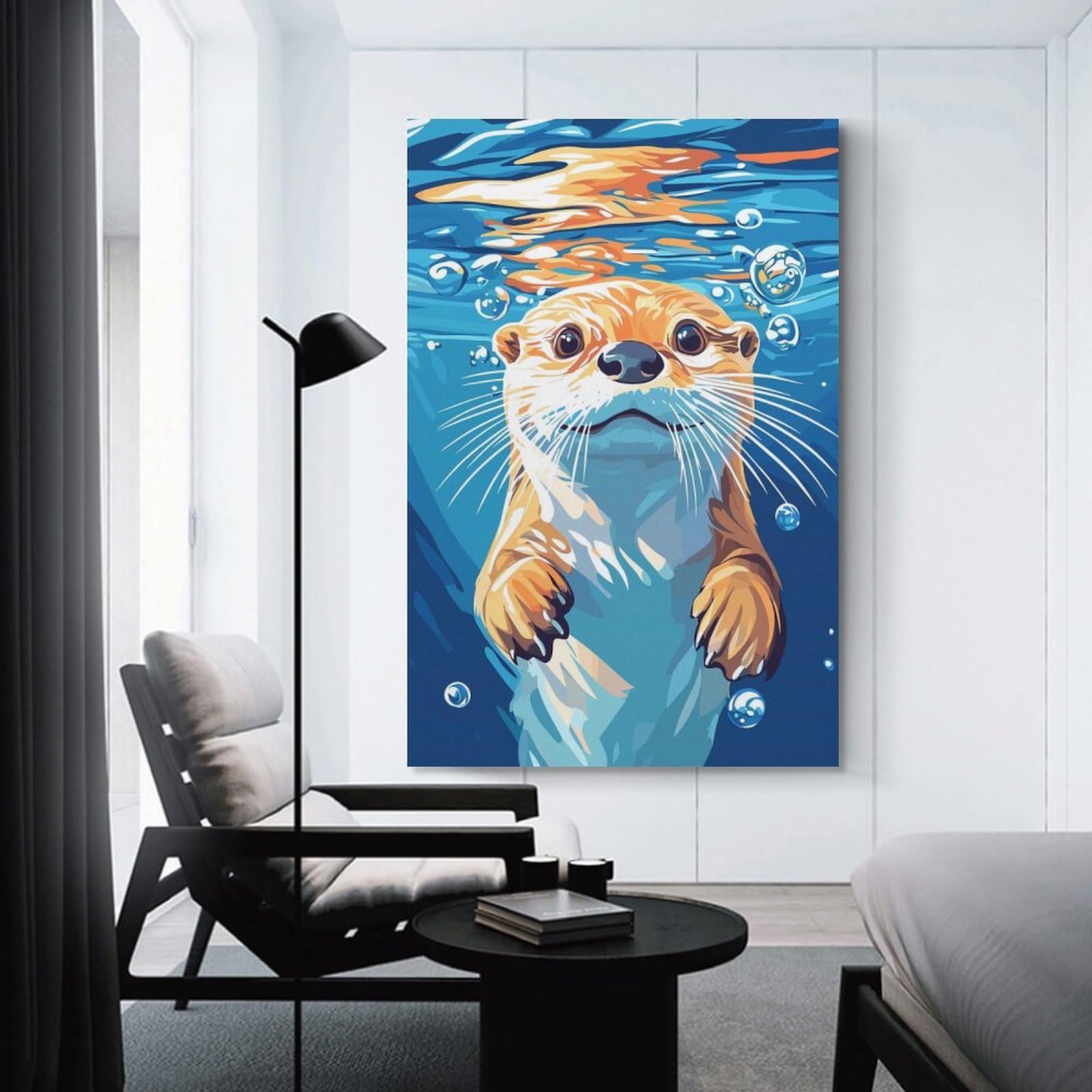 Junmoney Unframe-Style-18 Otter Swimming Underwater Illustration Room Decor Wall Art 08X12inch(20X30cm), For Lounge Decor, Offices Or Entryway Styling, A Flexible Wall Accent For Shared Spaces