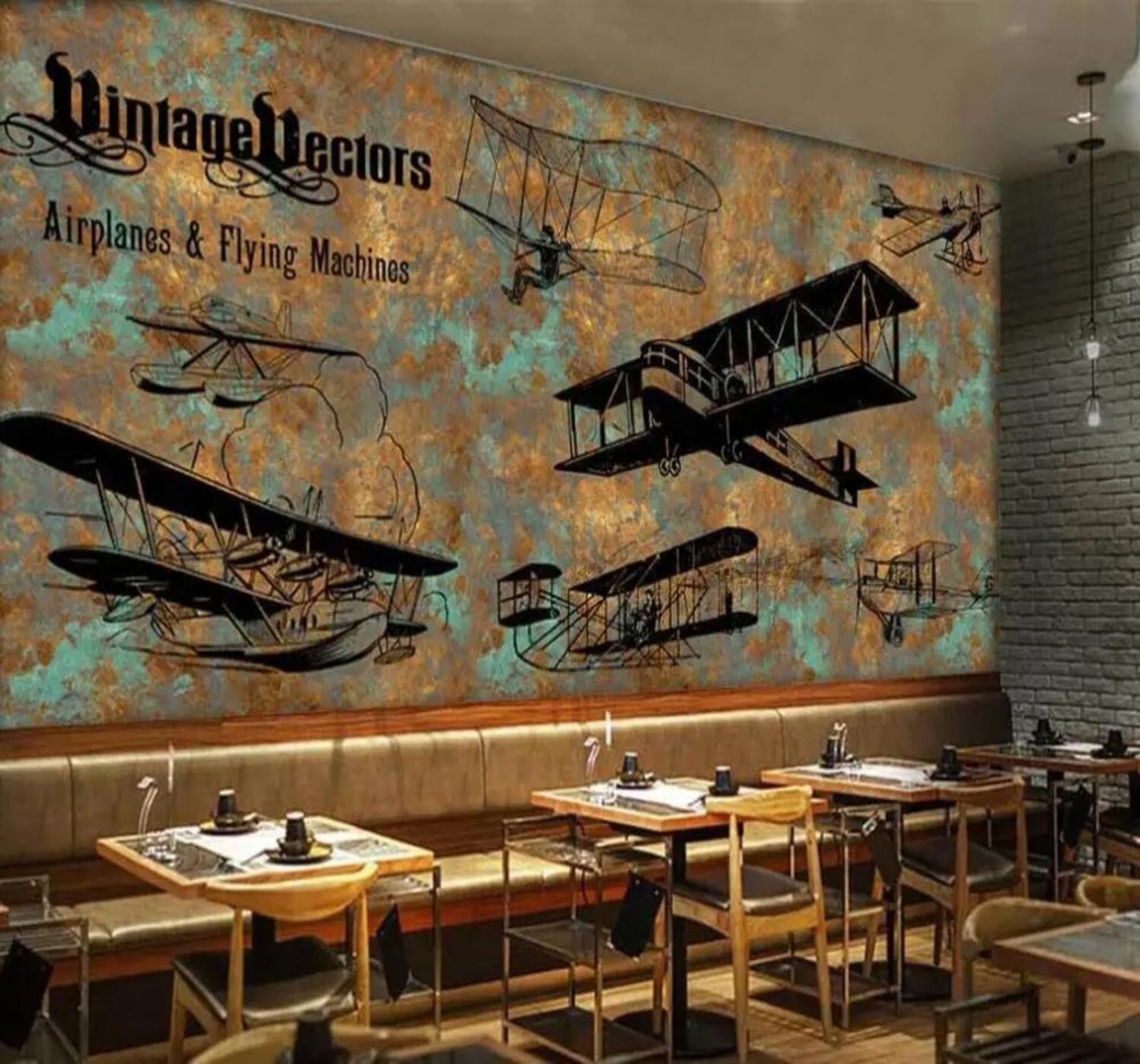 Tzxztt 300Cm×210Cm(B×H) Vintage Hand Drawn Art Aeroplane Bar Café Modern 3D Wallpaper Premium Textured Silk Neutral Tones Material Ideal For Living Room Bedroom-300Cm×210Cm