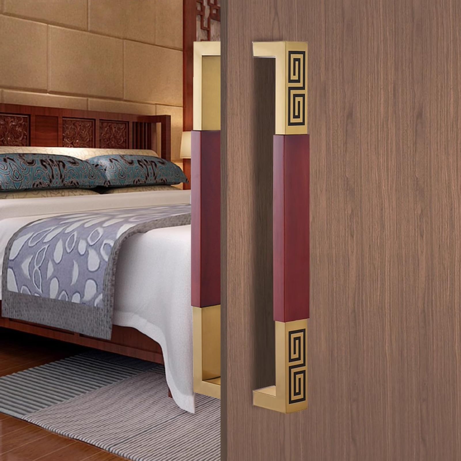 Poignée de porte en bois et métal dorée pour entrée de maison chaleureuse