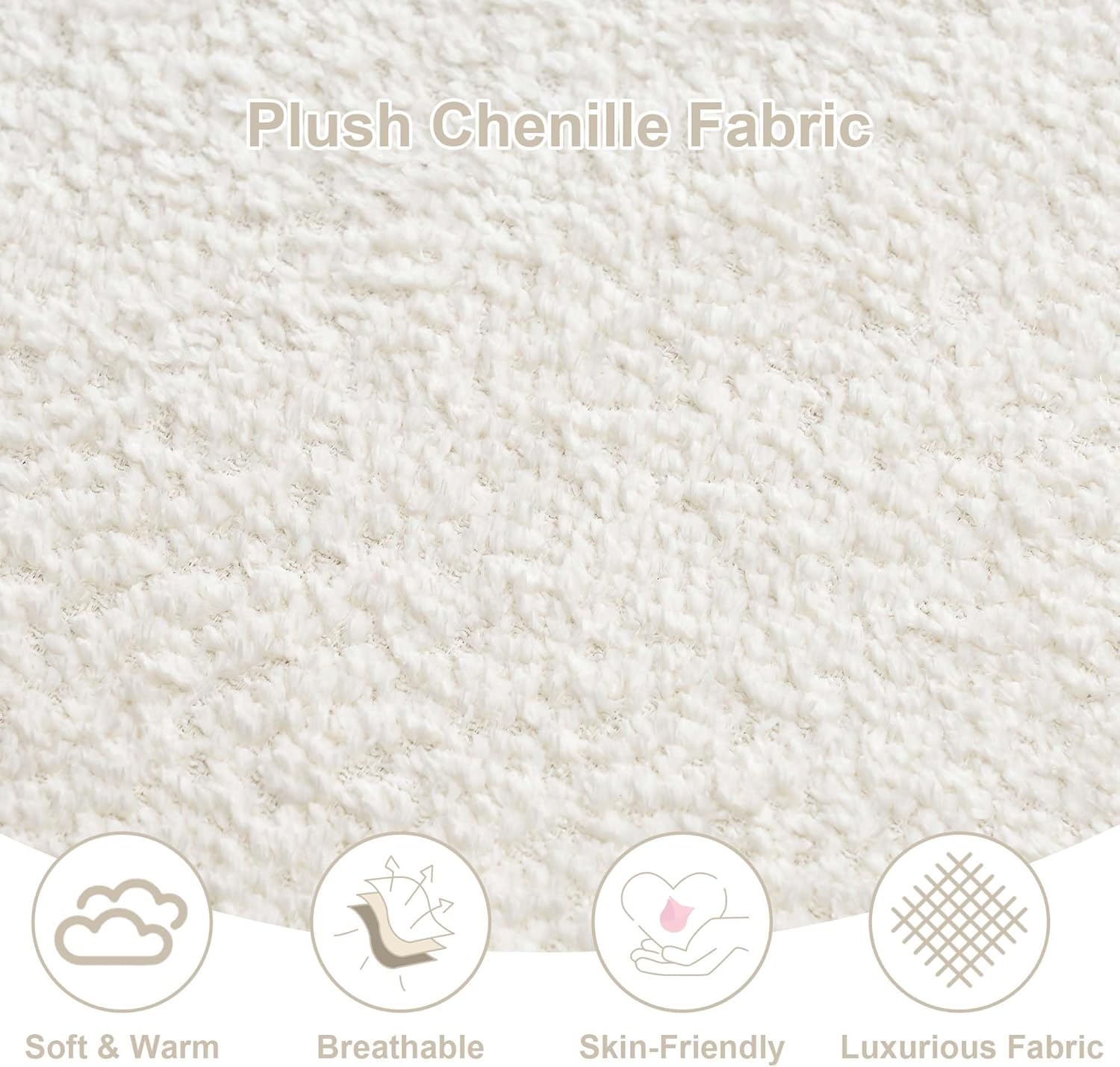 Close-up of plush chenille fabric with icons for soft, breathable, skin-friendly, and luxurious qualities