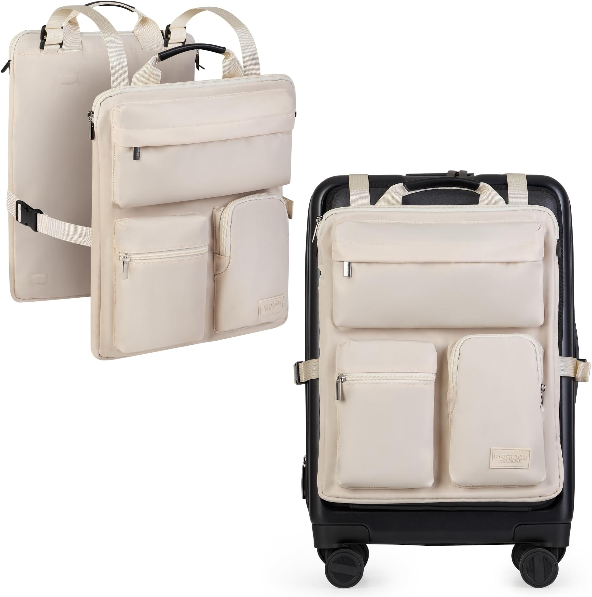 Over Luggage Organizer for Carry On Bag or Suitcase with Storage Pockets, 16” Laptop Sleeve with Handle, Travel Accessories Bag Slide On Luggage Harness with Adjustable Straps (Ivory)