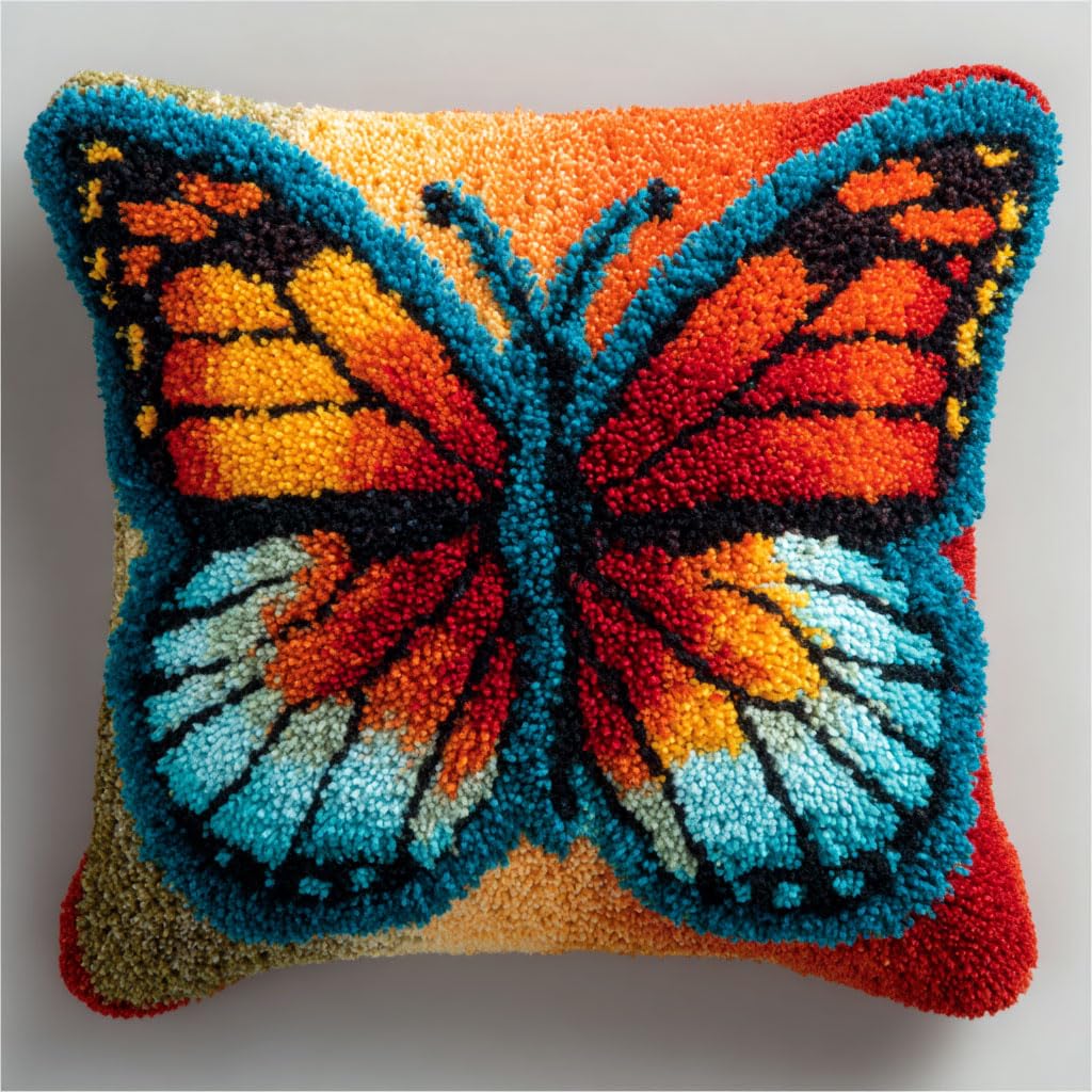 Taxpy DIY Rug Pillow Cover Latch Hook Cushion Kits, Cartoon Butterfly Needlework Pillow Cover Sofa Cushion Rug Making Kits,17x17inch