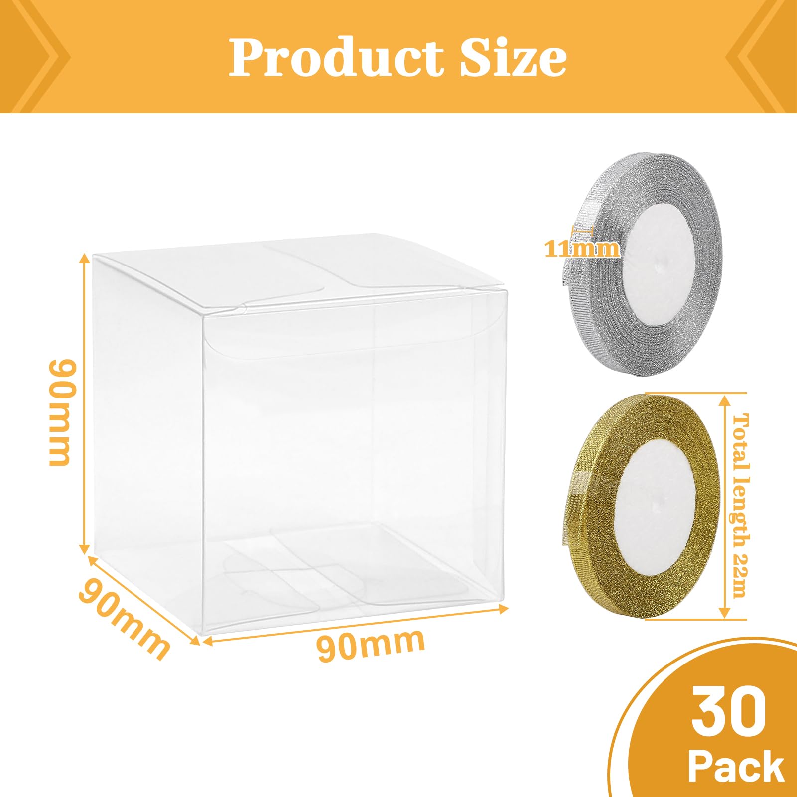 lalago 30Pcs PVC Scatole Trasparenti per Bomboniere, Scatoline Trasparenti per Cioccolatini per il Confezionamento di Dolciumi,PVC Cubo Trasparente con 2 Rotoli di Nastri Oro（9 x 9 x 9cm）