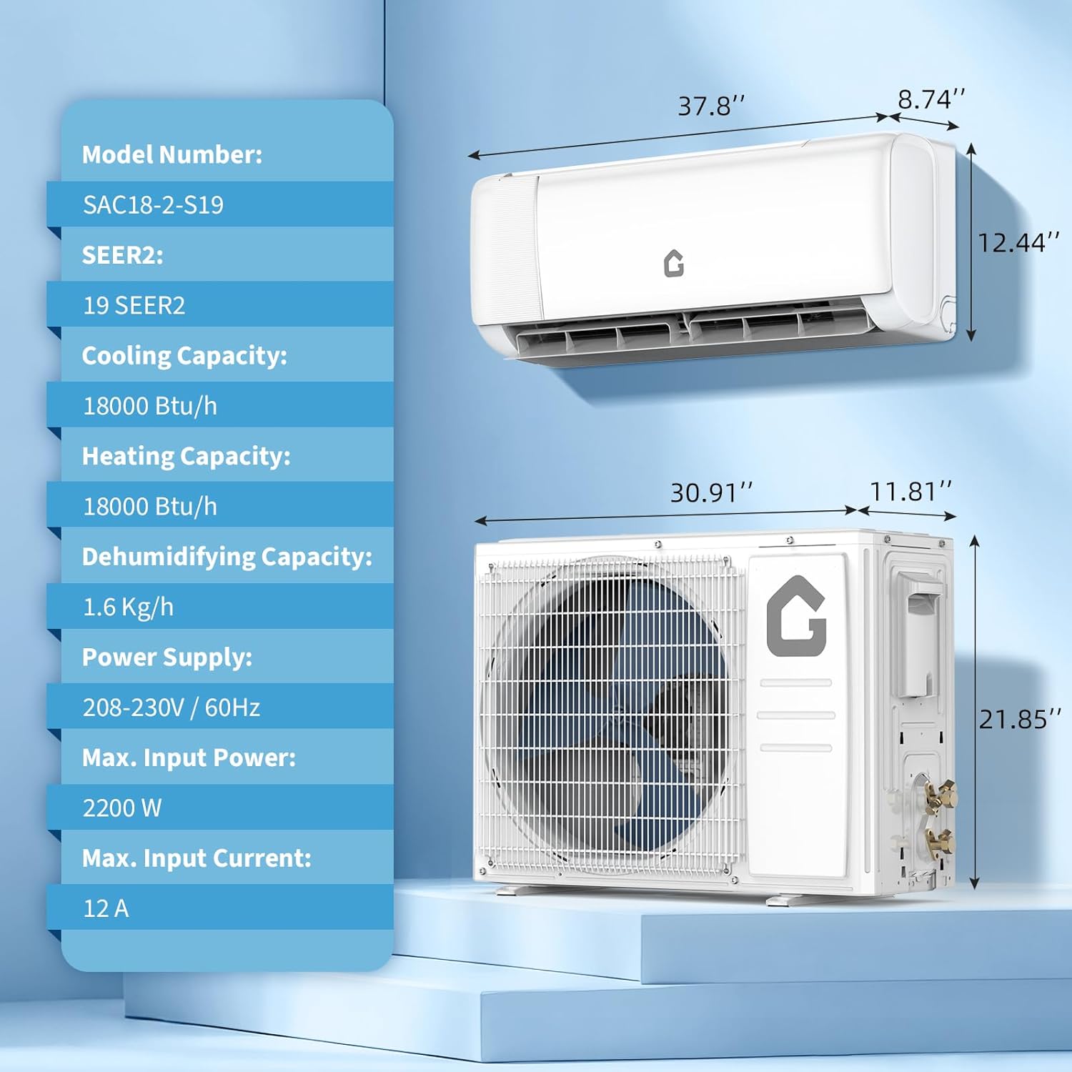 Diagram showing the indoor and outdoor unit dimensions and a table of specifications including Model Number, SEER2, Cooling Capacity, Heating Capacity, Dehumidifying Capacity, Power Supply, Max. Input Power, and Max. Input Current.