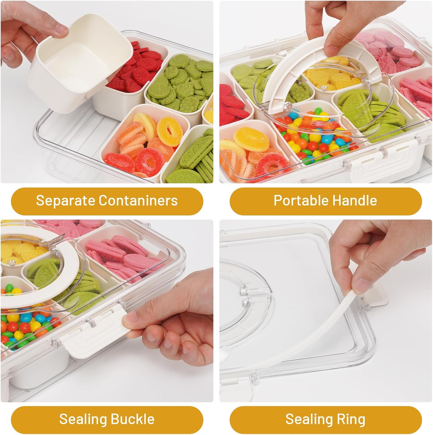 Snackle Box - Portable Divided Serving Tray with Lid and Handle, 8 Compartment Snack Container for Travel, Picnics & Parties