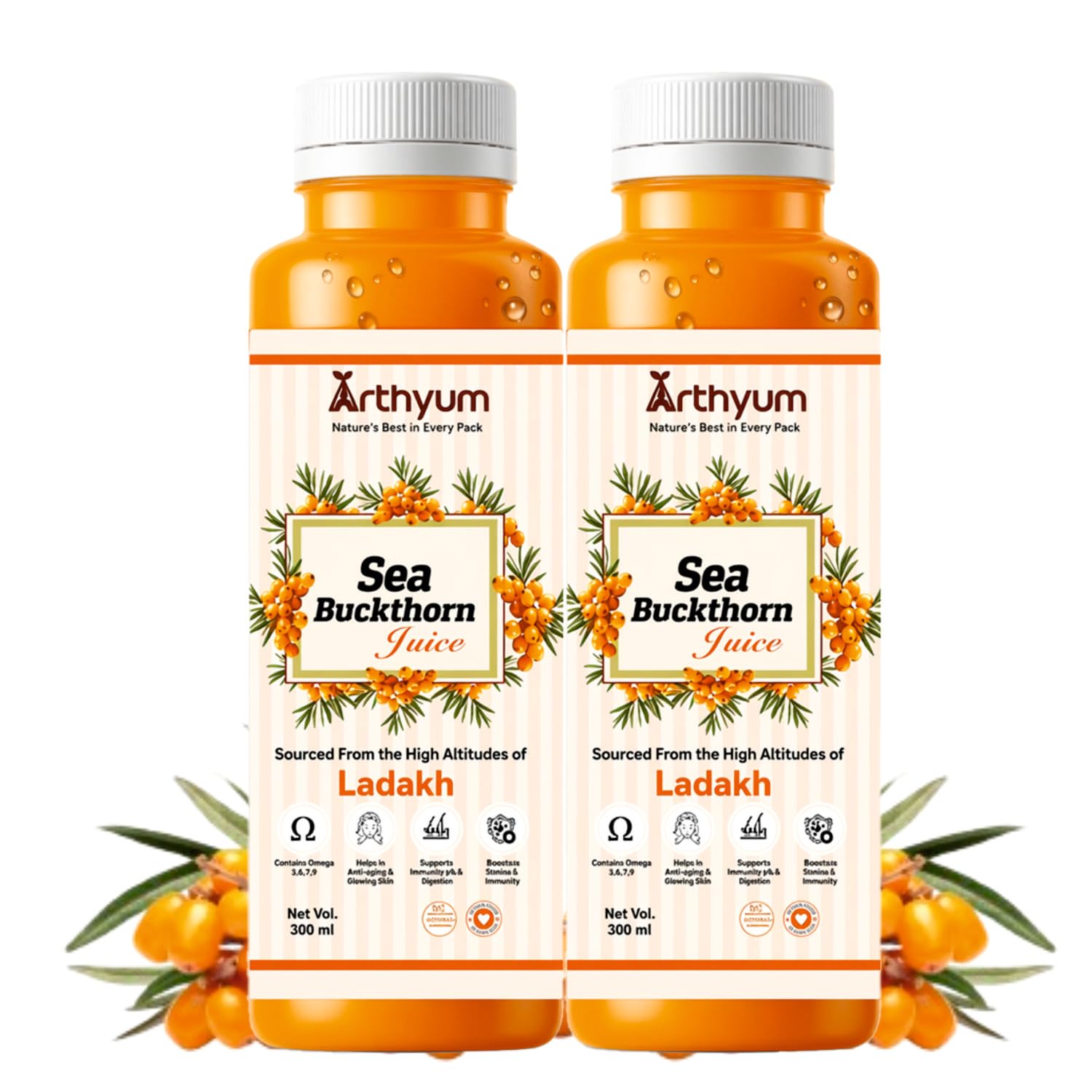 Arthyum Sea Buckthorn Berry Juice (Pulp Concentrate) 300ml | Cold-Pressed | Makes 50 Glasses | Natural Vitamin C| Omega 3 6 7 9 | Antioxidants | Immunity | Skin Glow & Gut Health Support | Herbal Juice Seabuckthorn Supplement | (Pack of 2)-image-15