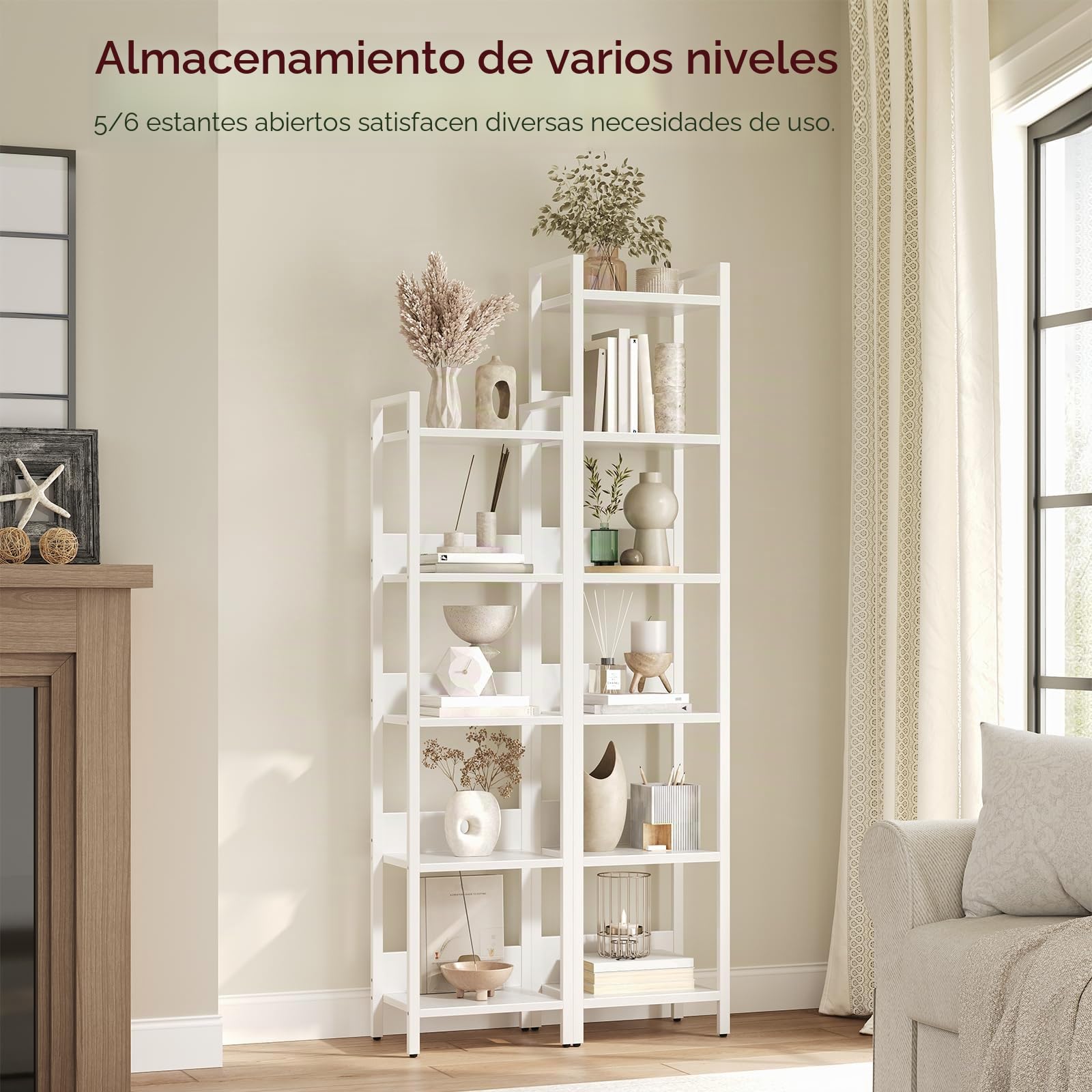 MAHANCRIS ABKBW6601N1 - Estantería de pie con 6 niveles, 24 x 33 x 157,5 cm, estantes abiertos para salón, dormitorio, oficina, con marco de metal, color blanco
