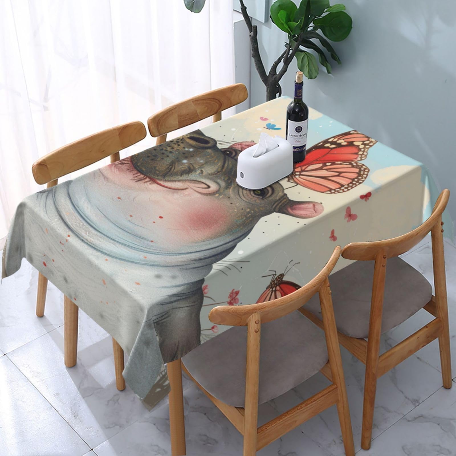 WPKJU Butterfly and Hippo Printed Tablecloth Water Resistant Table Cover Washable Rectangle Table Cloth for Tables 54x72 in