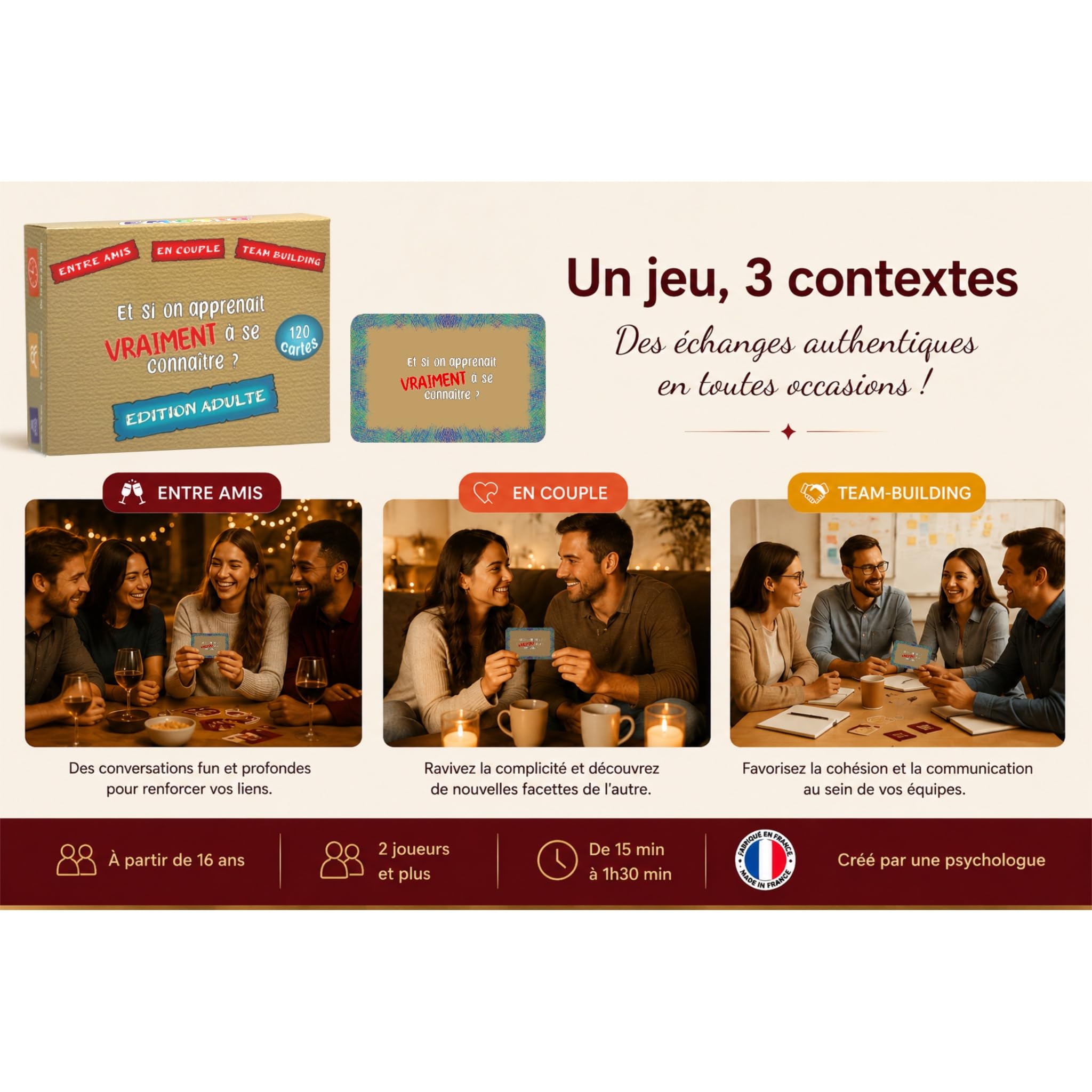 120 Questions pour Apprendre à se connaître et créer des Liens | Amis, Couples, Team-Building | créé par Une Psychologue | Fabriqué en France