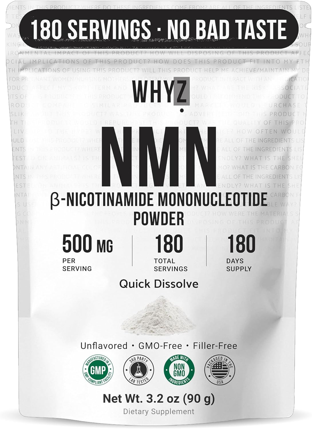 Pure NMN Powder Nicotinamide Mononucleotide Quick Dissolved NMN Supplement Powder 100% Unflavored NMN Supplement Supports NAD+ Levels Vegan Friendly Non-GMO, 180 Servings, 3.2 oz (90g)