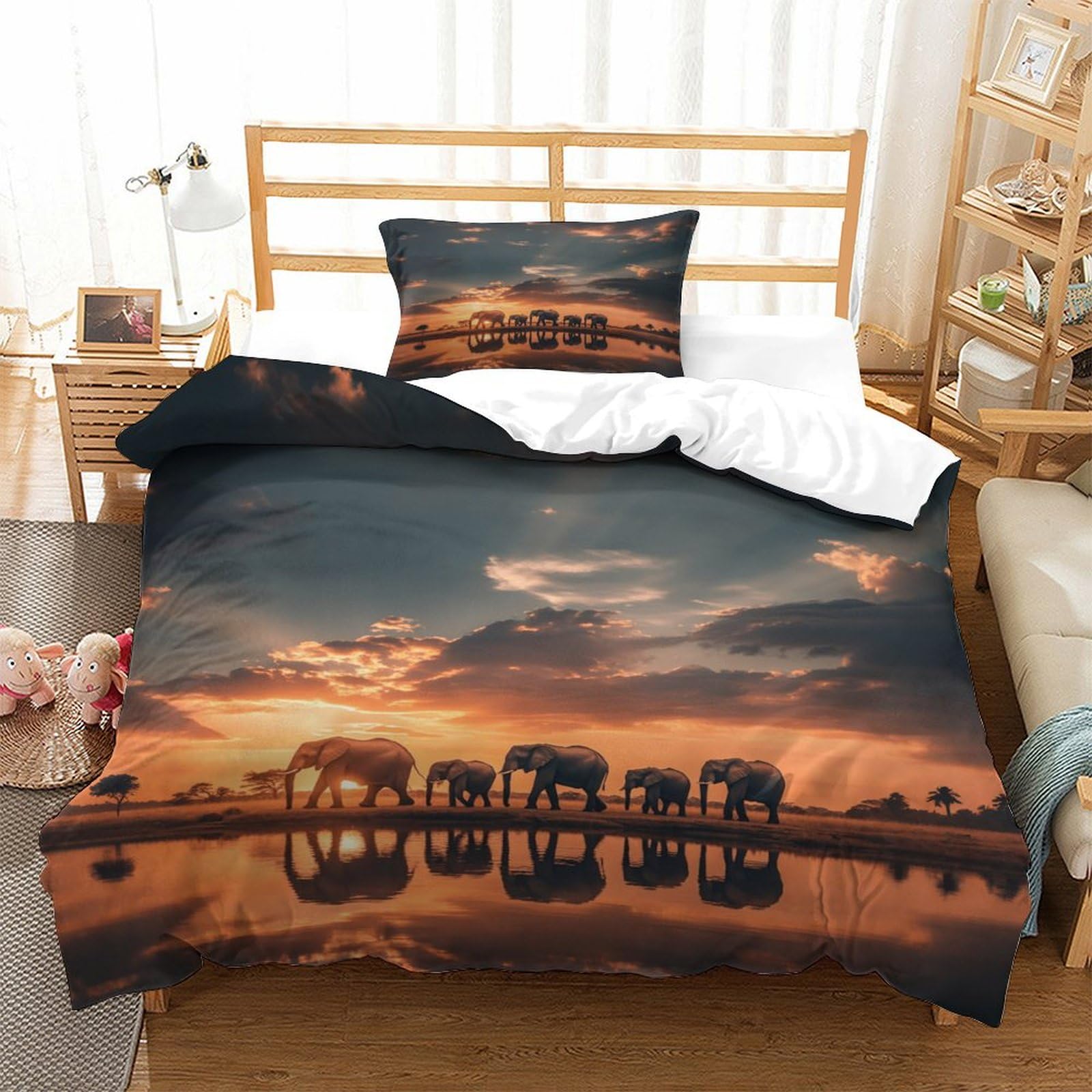 XiaopangXY Elephant Lovingly Quilt Cover Set Hidden Zipper African Grassland Duvet Cover Set with Pillowcases Bed Linen Set Soft Microfiber Comforter Cover for Kids Adults Single（135x200cm）
