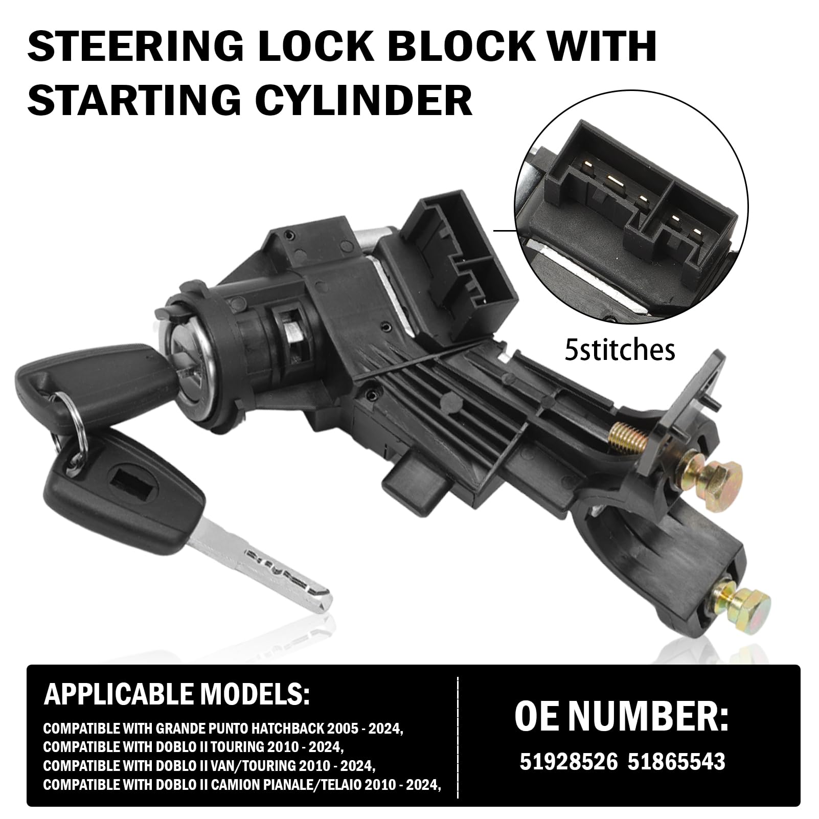 Bloccasterzo blocco per Fiat Punto 3 2012-2024,Doblo 2 2010-2024,Grande Punto 2005-2024 con cilindretto avviamento 51865543 51928526