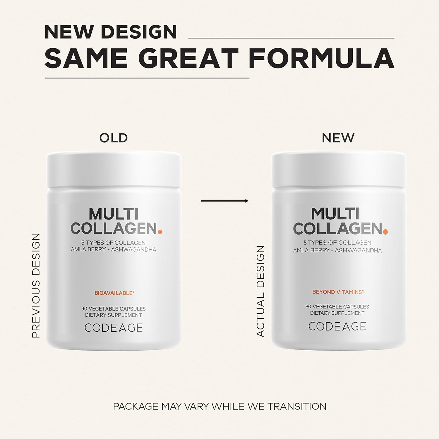 Codeage Multi Collagen Peptides Protein Capsules, 5 Collagen Types, Grass-Fed & Hydrolyzed Bovine Collagen Pills Supplement, Ashwagandha, Amla Berry Vitamins, Collagen Peptides - 90 Capsules