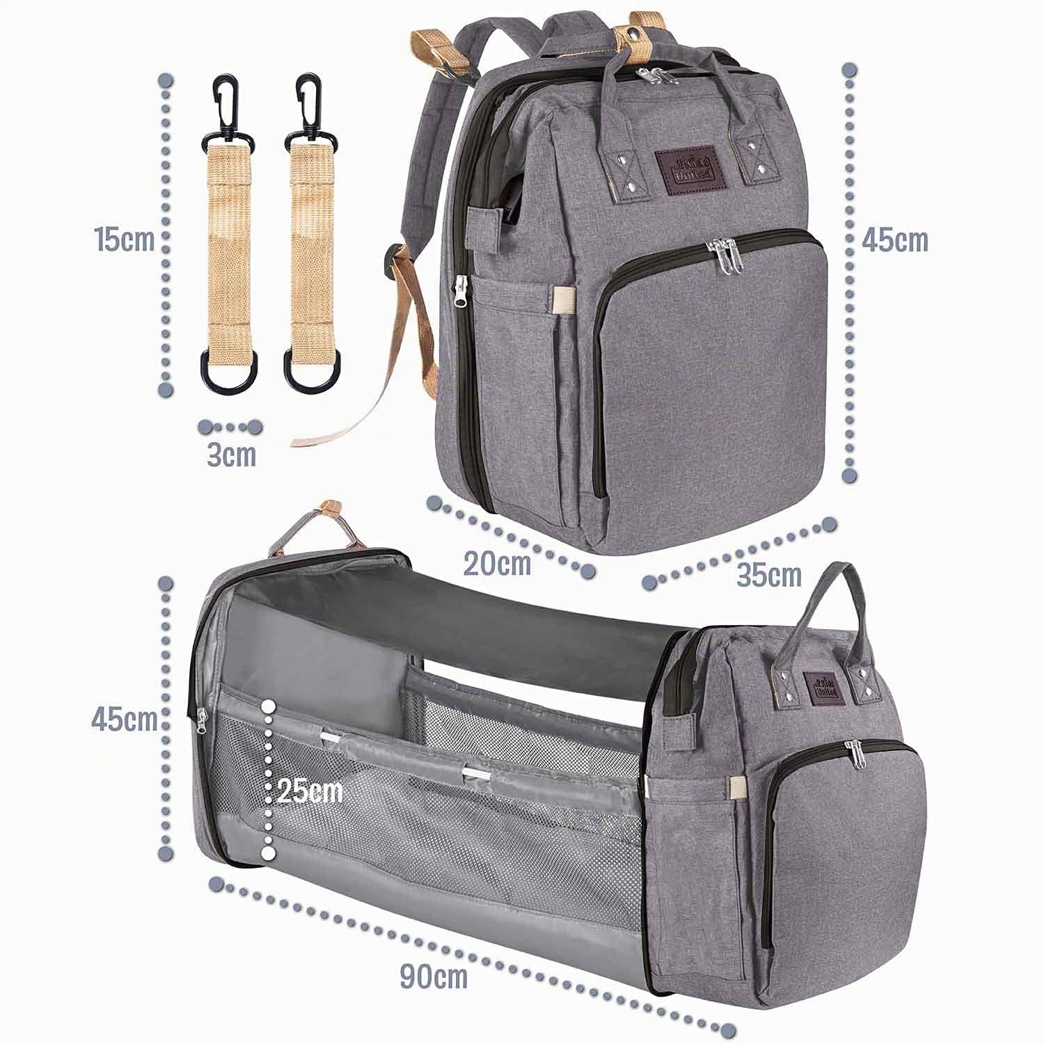 all Kids United Sac à dos à langer deluxe avec lit d'enfant - ensemble sac à langer pour bébé : sac à dos pour bébé, matelas à langer, lit d'enfant intégré, crochets pour poussette (Noir) (Gris)