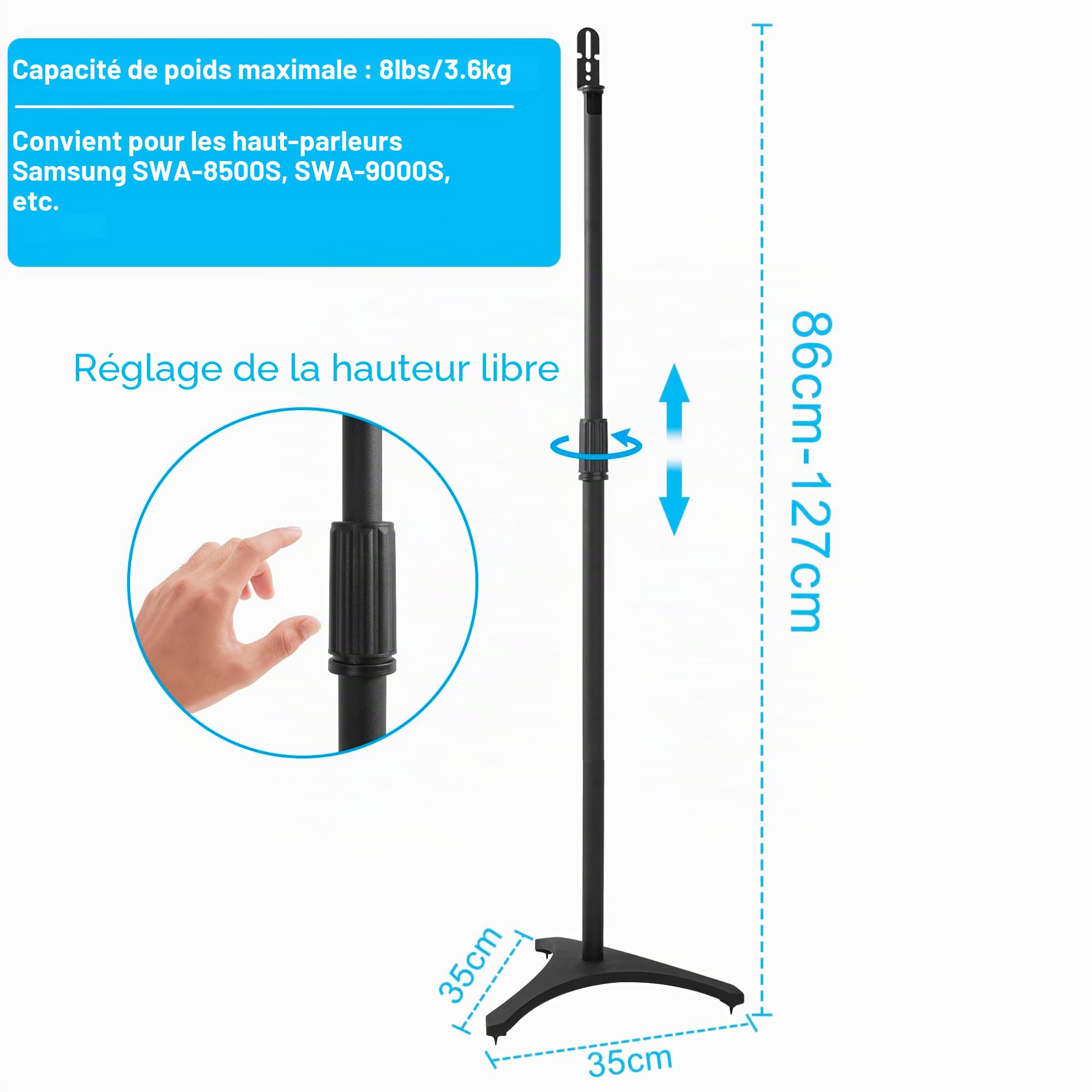 Supports d'enceintes OUUTMEE, Supports d'enceintes, réglables en Hauteur de 86 à 127 cm avec Gestion des câbles, Fixation pour Enceintes, Lot de 2, capacité de Charge de 3,6 kg chacun.