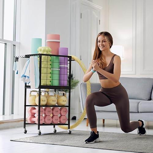 Miniatura 7 de Soporte de pesas para gimnasio en casa con ganchos de almacenamiento, organizador para mancuernas, bandas de resistencia y esterilla de yoga