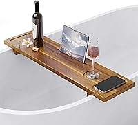 LotusSway Acacia Wood Bathtub Tray Caddy - 34.6" Adjustable Legs for Freestanding Tubs, Anti-Tip Stable, Tablet Wine Glass Holder