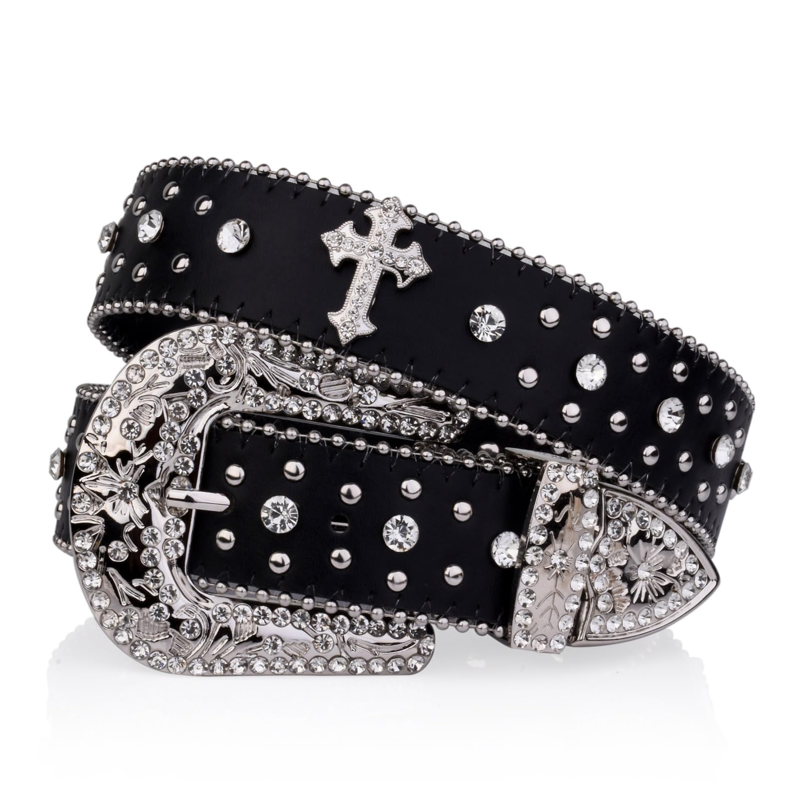 ZINXY Diamond Belt Black Cross Rivet Belt Rhinestone Decor PU Belt Jeans Pants Belt Punk Western Cowboy Cowgirl Belts Studded Belt (Color : Black, Size : 105CM)