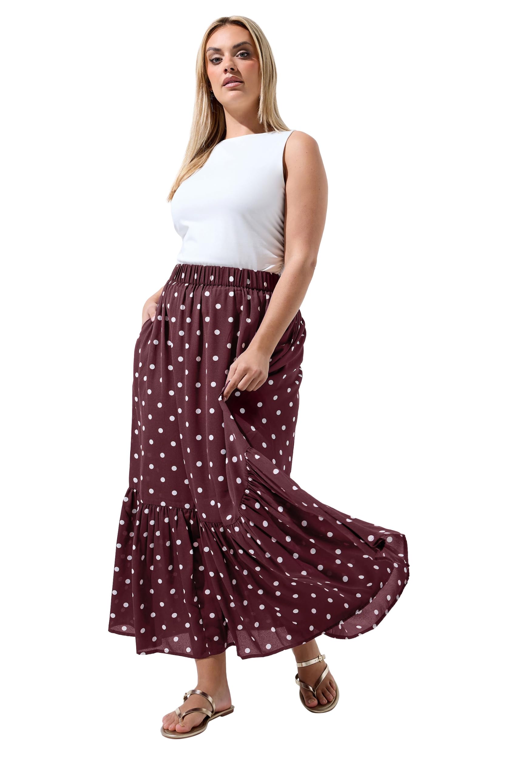 Yours Women's Burgundy Polka Dot Tiered Maxi Skirt In | : 22/24