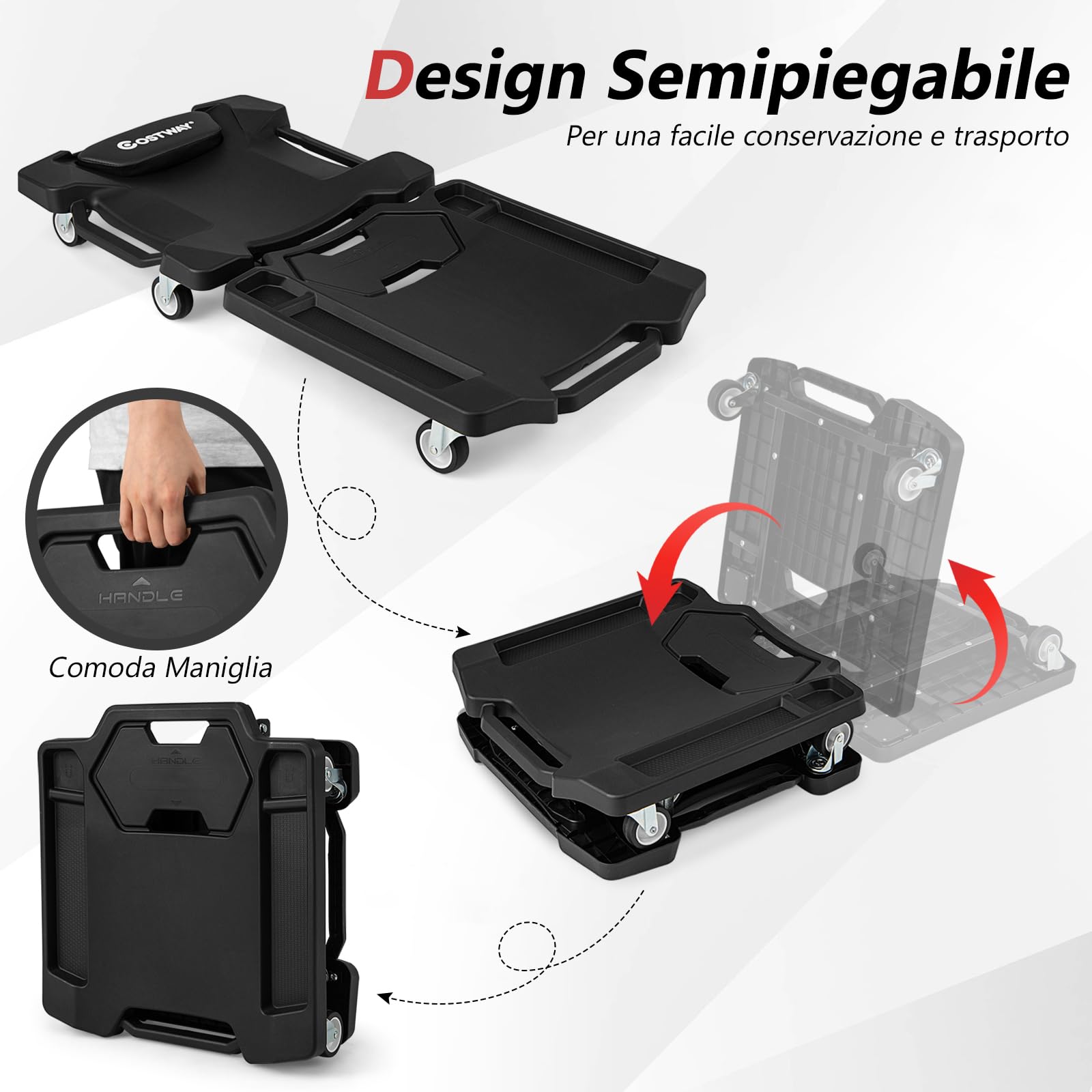 COSTWAY Carrello Sotto Auto Pieghevole, Lettino Sottomacchina da Meccanico con Poggiatesta Imbottito e Vassoio Portautensili, Portata 158 kg, Sdraio da Officina con Ruote per Garage e Riparazioni Auto