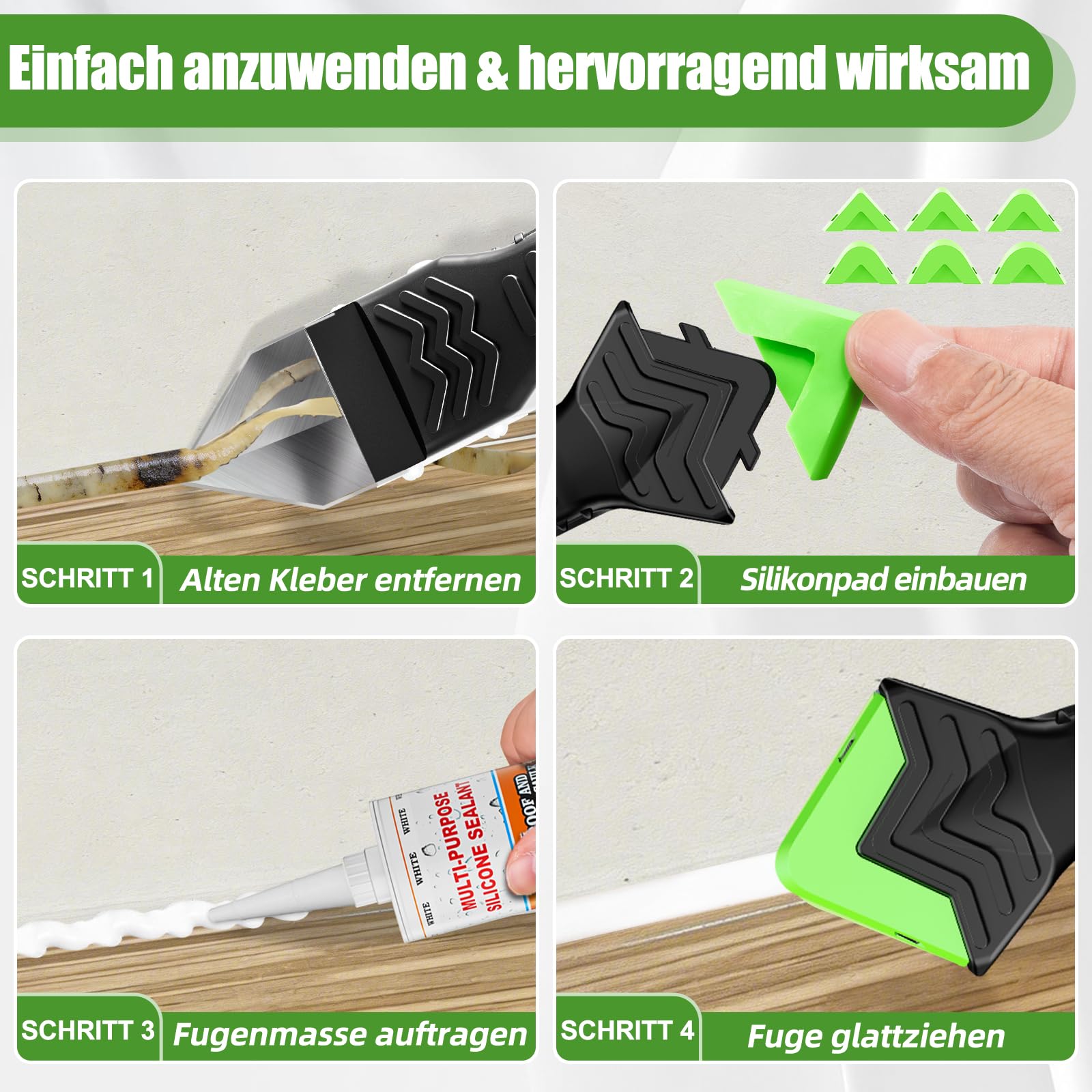 Silikonentferner Werkzeug Set mit Silikon Dichtmittel, 5-in-1 Silikon Abzieher und Fugenkratzer, Silikonfugenentferner zur schnellen und silikon entferner für Bad, Küche, Fenstern und Fliesen