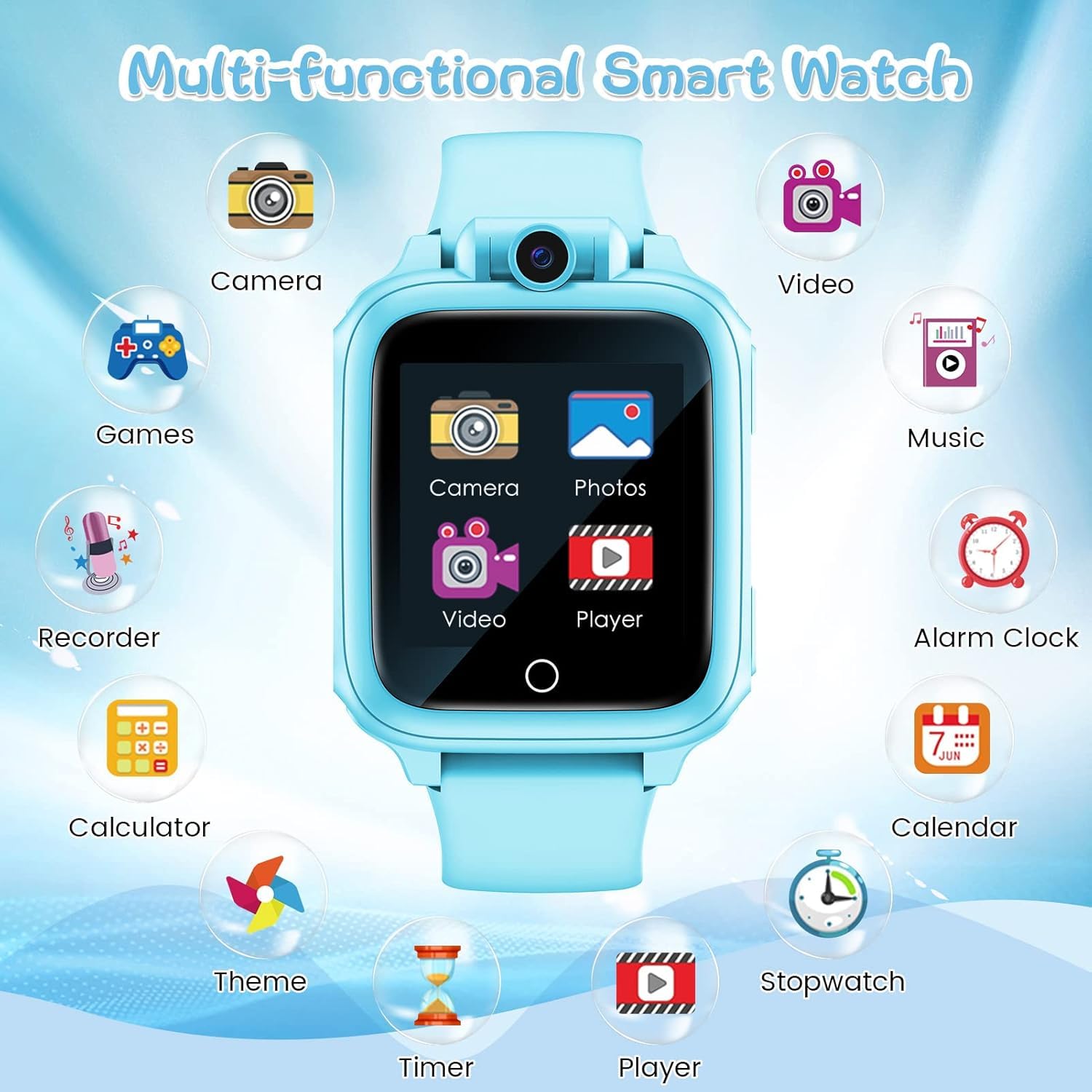 Awatty Smartwatch Kinder, Kinderuhr Jungen Mädchen, Kinderspielzeug 3 4 5 6 7 8 9 10 11 12 Jahre, Geburtstagsgeschenke, mit 90° drehbare Kamera, 14 Spiele, Musik, Wecker, Stoppuhr, Datum - Blau
