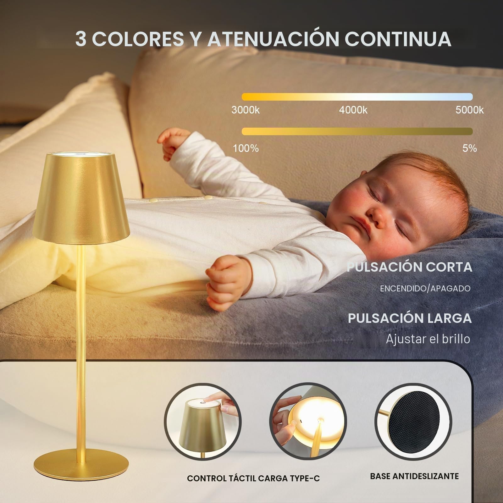 Lámpara de Mesa Inalámbrica Recargable 3000K/4000K/5000K Blanco Cálido/Frío ANTELA LED Atenuable Interior Exterior para Mesa de Comedor Balcón Jardín Terraza, Dorada, 2 Unidades