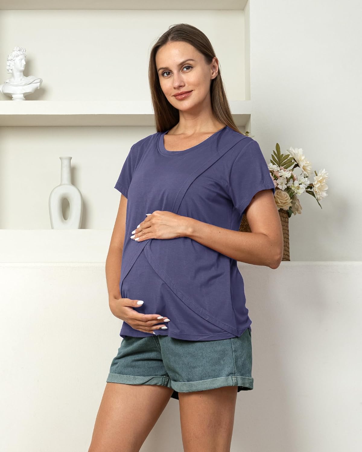 Rnxrbb 3 Pack Women's Nursing Tops for Breastfeeding Summer Short Sleeve T Shirts Postpartum Double Layer Clothes - Image 2