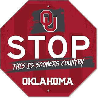 FANMATS 48242 University of Oklahoma Metal Stop Sign | Crimson | 18"x18" | Primary Logo with This is Sooners Country
