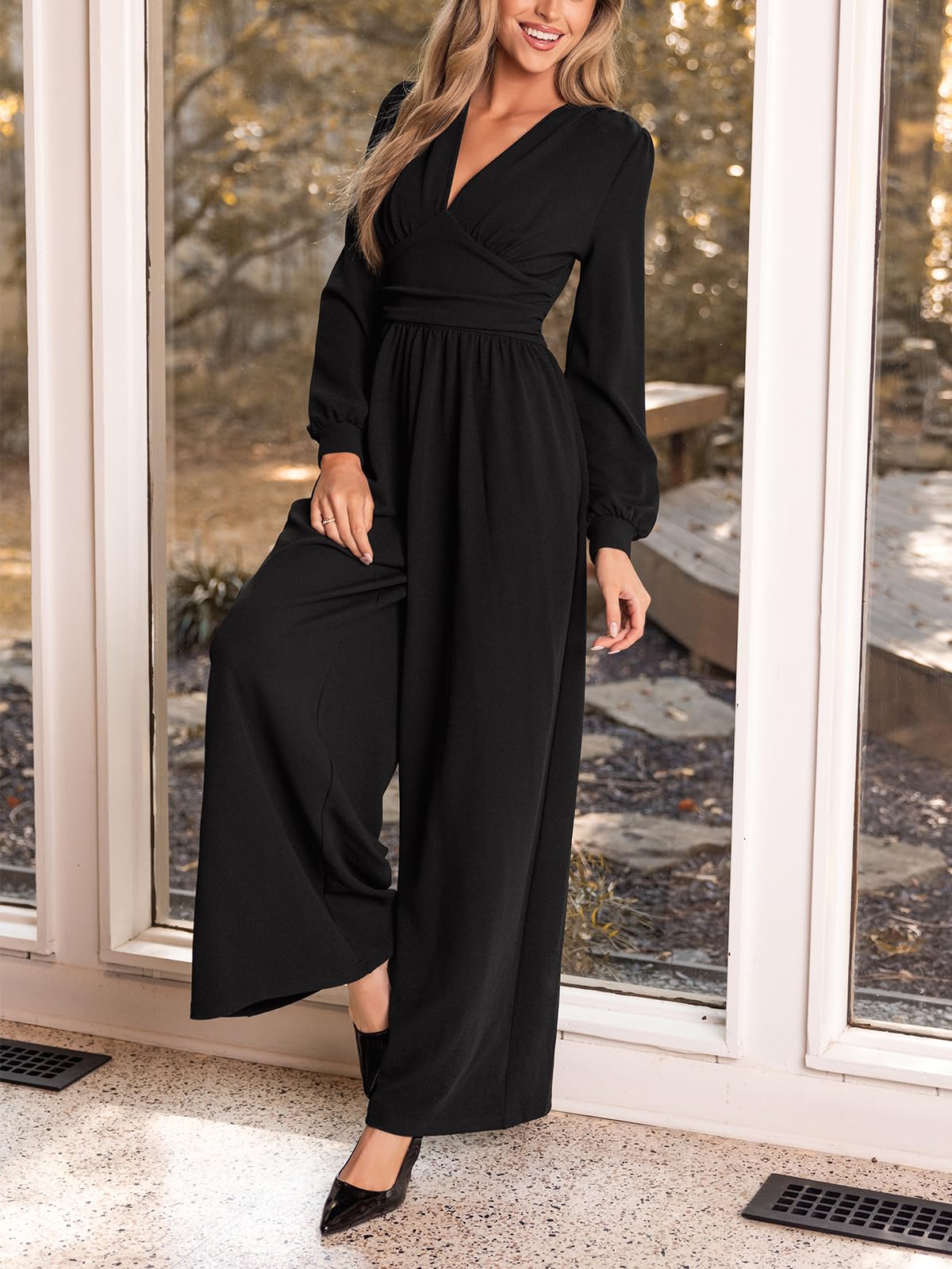 CUPSHE Tuta da donna profonda scollo a V tuta lunga manica a sbuffo gamba larga playsuit elegante casual ufficio pantaloni tuta
