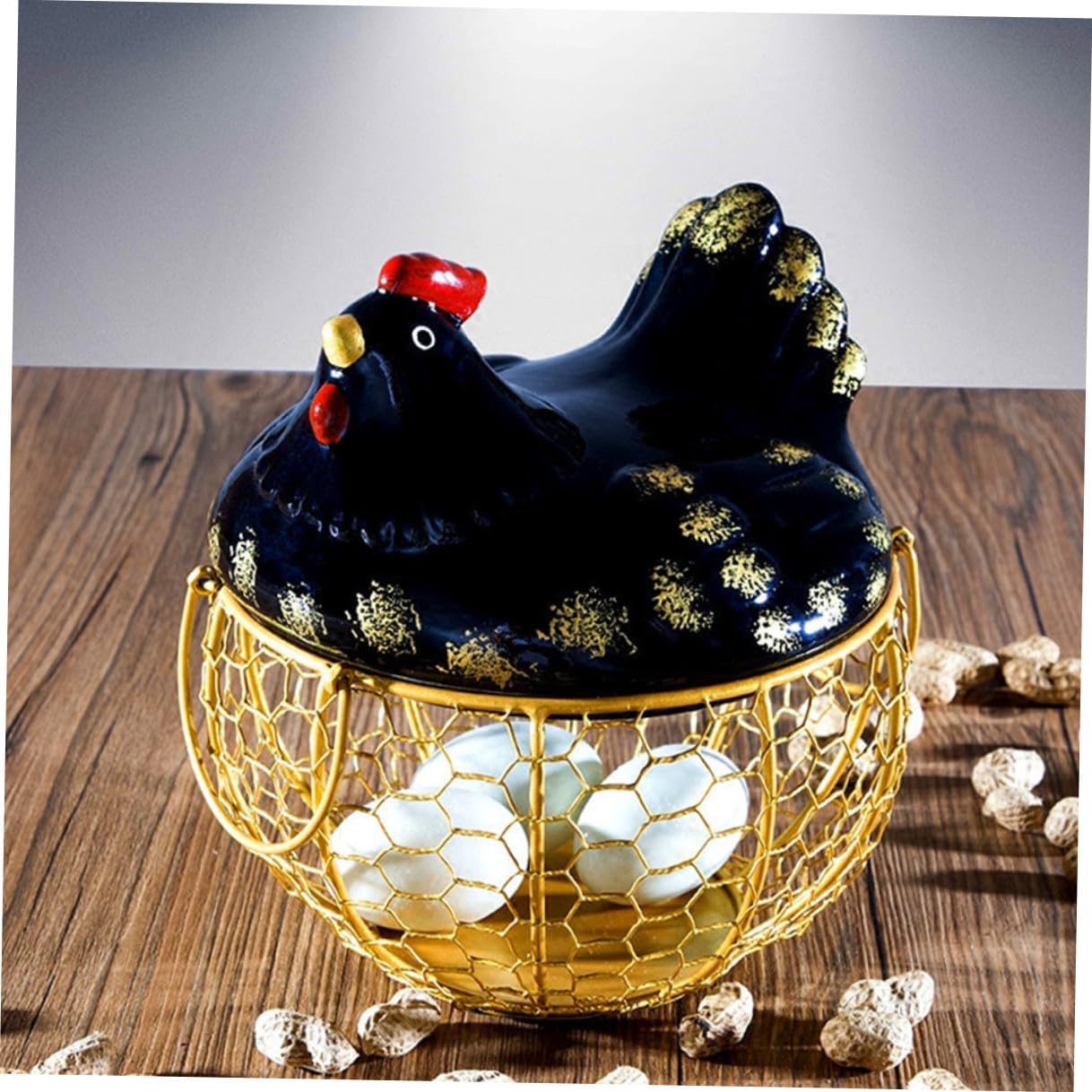 VICASKY Iron Art Chicken Shape Egg Basket with Black Lid and Gold Wire Frame, Desktop Kitchen Storage Holder for Eggs and Vegetables, Rustic Food Organizer for Countertop Use