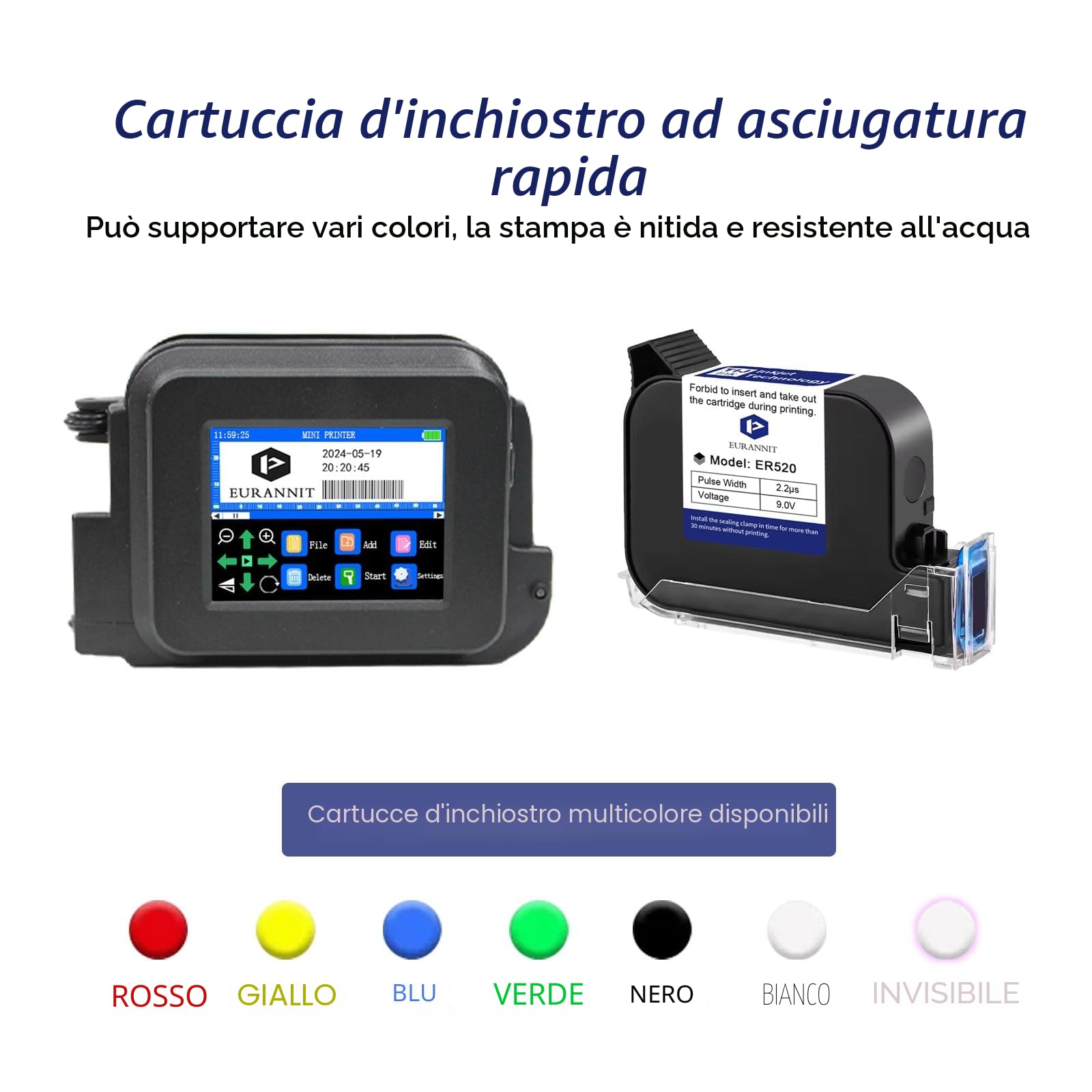 Stampante Palmare Portatile XMINI 12,7 mm, Mini stampante a Getto d'inchiostro per Codifica di Testi, Codici QR, Numeri di Lotto, Loghi, Date - Inchiostro ad Asciugatura Rapida 42 ml