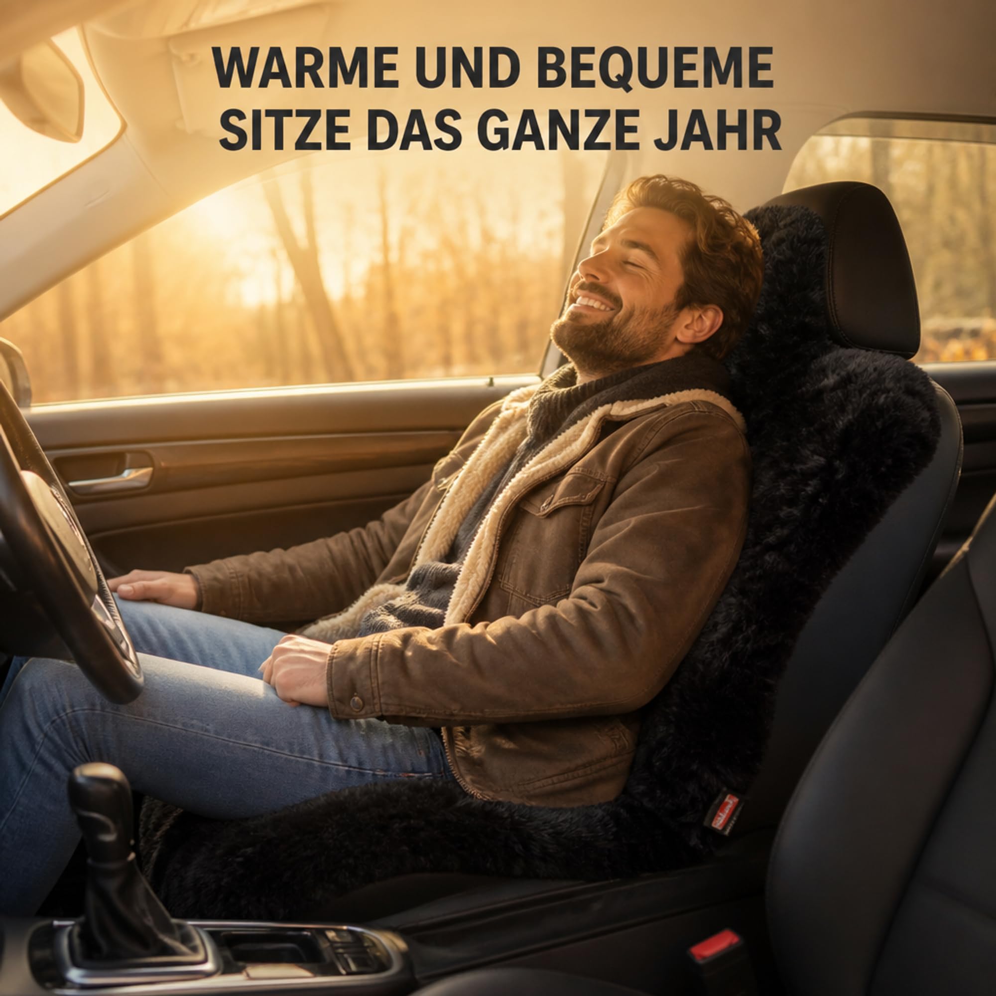Felle Pokrowiec na fotel samochodowy z futra jagnięcego, naturalny kształt, uniwersalny, do foteli z materiału (czarny)