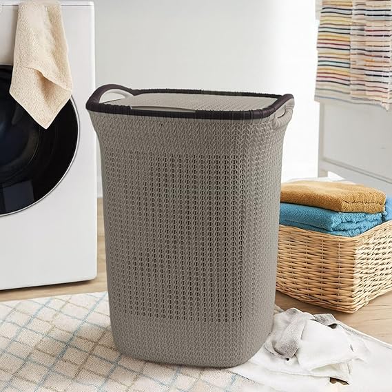 PrettyKrafts 60 L Plastic Laundry Basket with Lid | Large Clothes & Toy Storage Bin 61×45×35 cm | Durable Ventilated Knit Design | Easy-Grip Handles | Ideal for Home & Kids Room Organiser