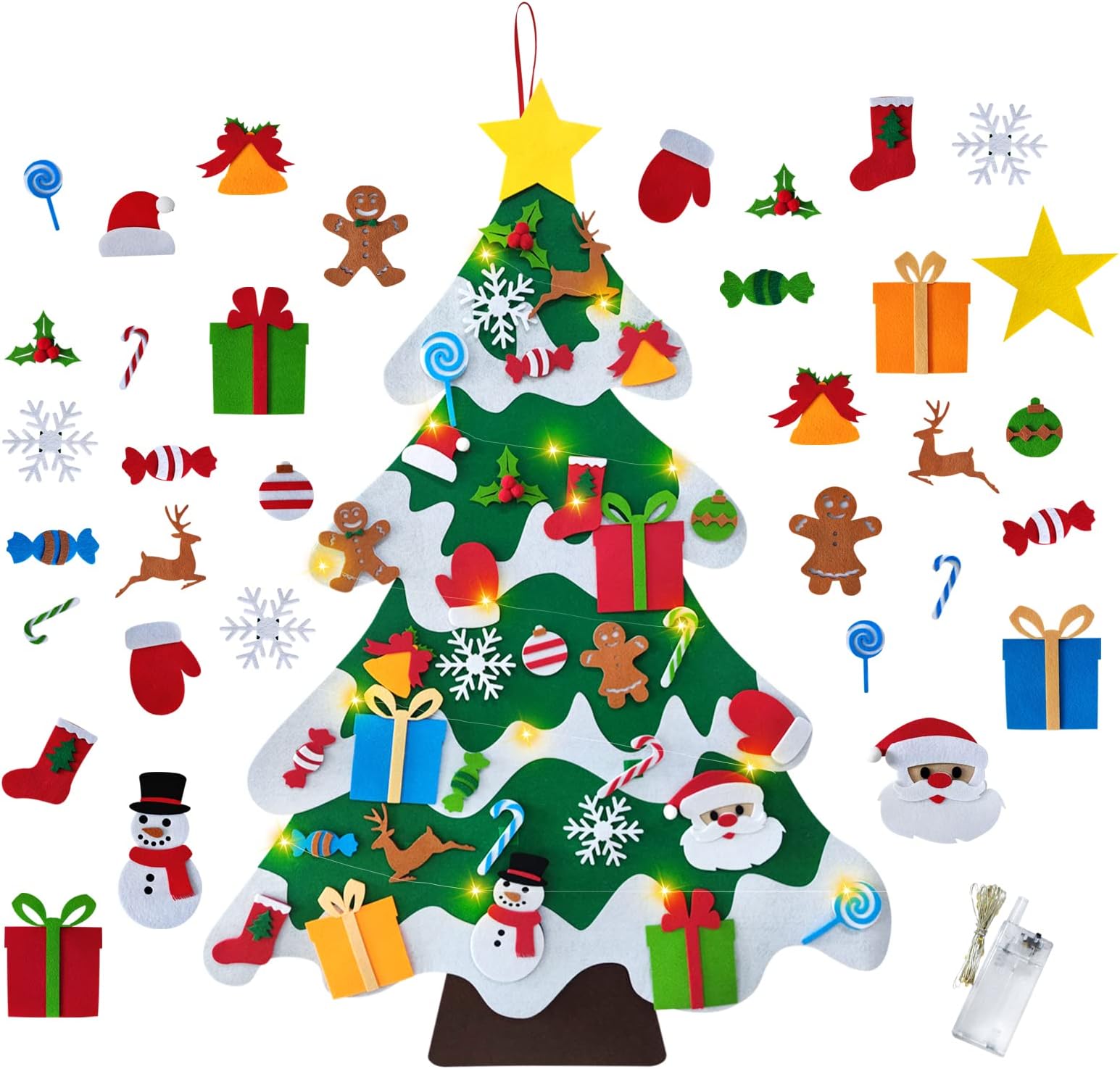 DIY Felt Christmas Tree, PIOGHAX 3M 30 LED String Light with 34PC Detachable Ornaments Wall Decor for Toddlers Kids Xmas Gifts Home Door Decoration