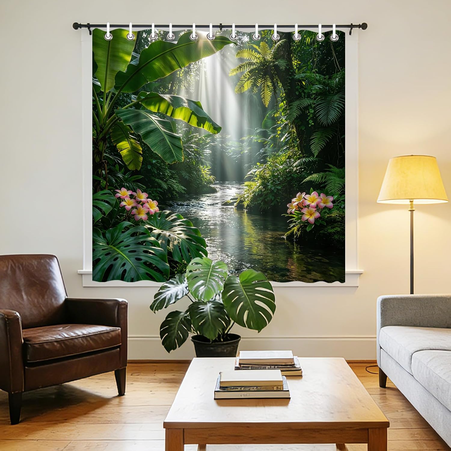 Tropical Jungle Shower Curtain Green Rainforest River | Plumeria Flowers Nature Bathroom Decor
