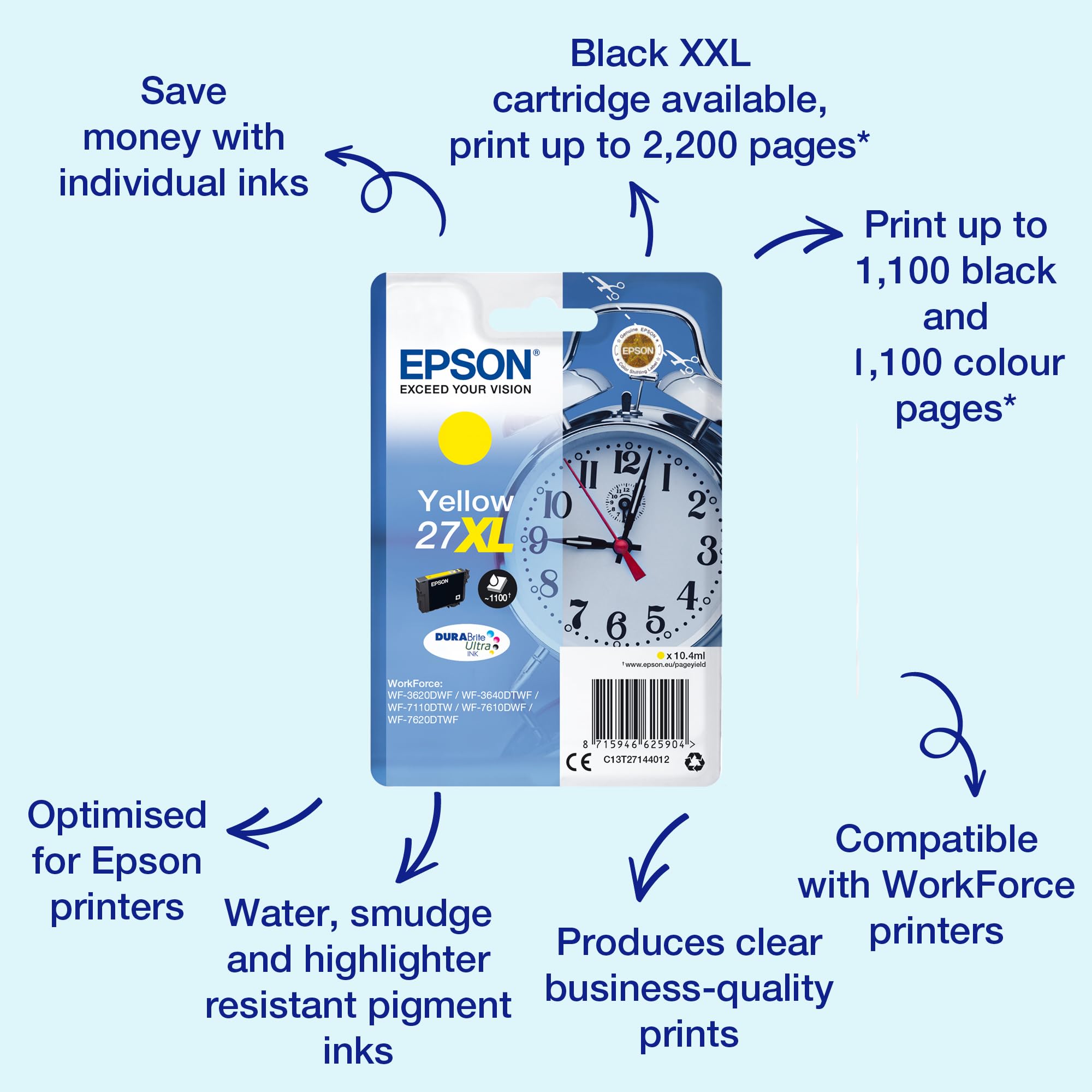 Epson Original 27XL Tinte Wecker (WF-3620DWF, WF-3640DTWF, WF-7110DTW, WF-7210DTW, WF-7610DWF, WF-7620DTWF, WF-7710DWF, WF-7715DWF… – Ansicht 2