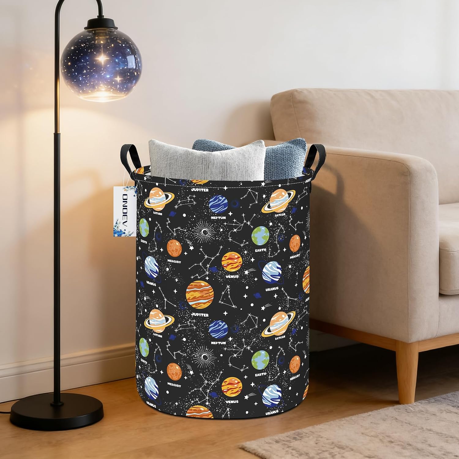 Round collapsible Solar System planet Laundry Hamper for Adults Kids | Waterproof stain resistant canvas, sturdy stitched handles, for laundry, bath, bedroom, playroom supplies